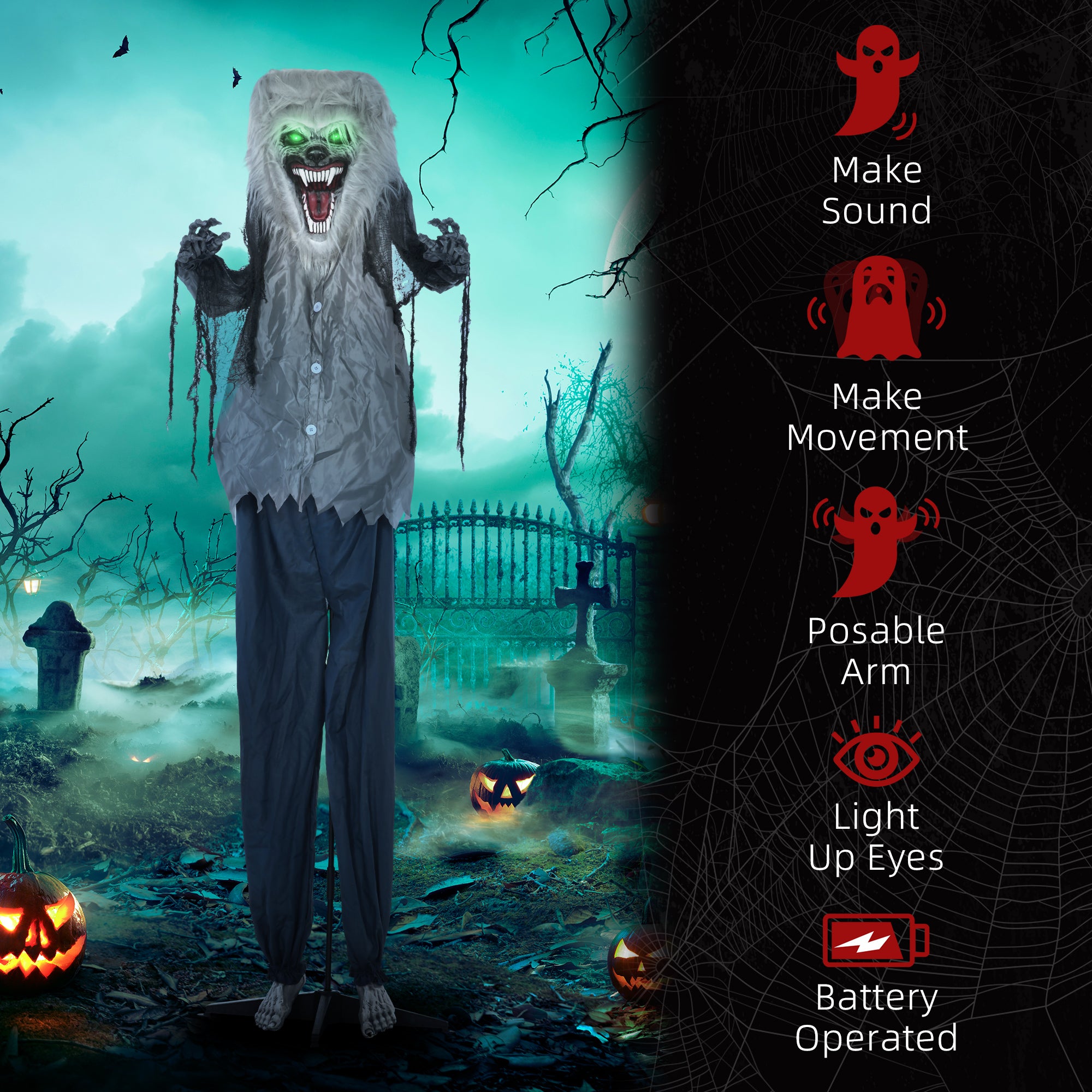 Kozy - 6'8" Skeleton Werewolf Halloween Animatronic, with Glowing Eyes