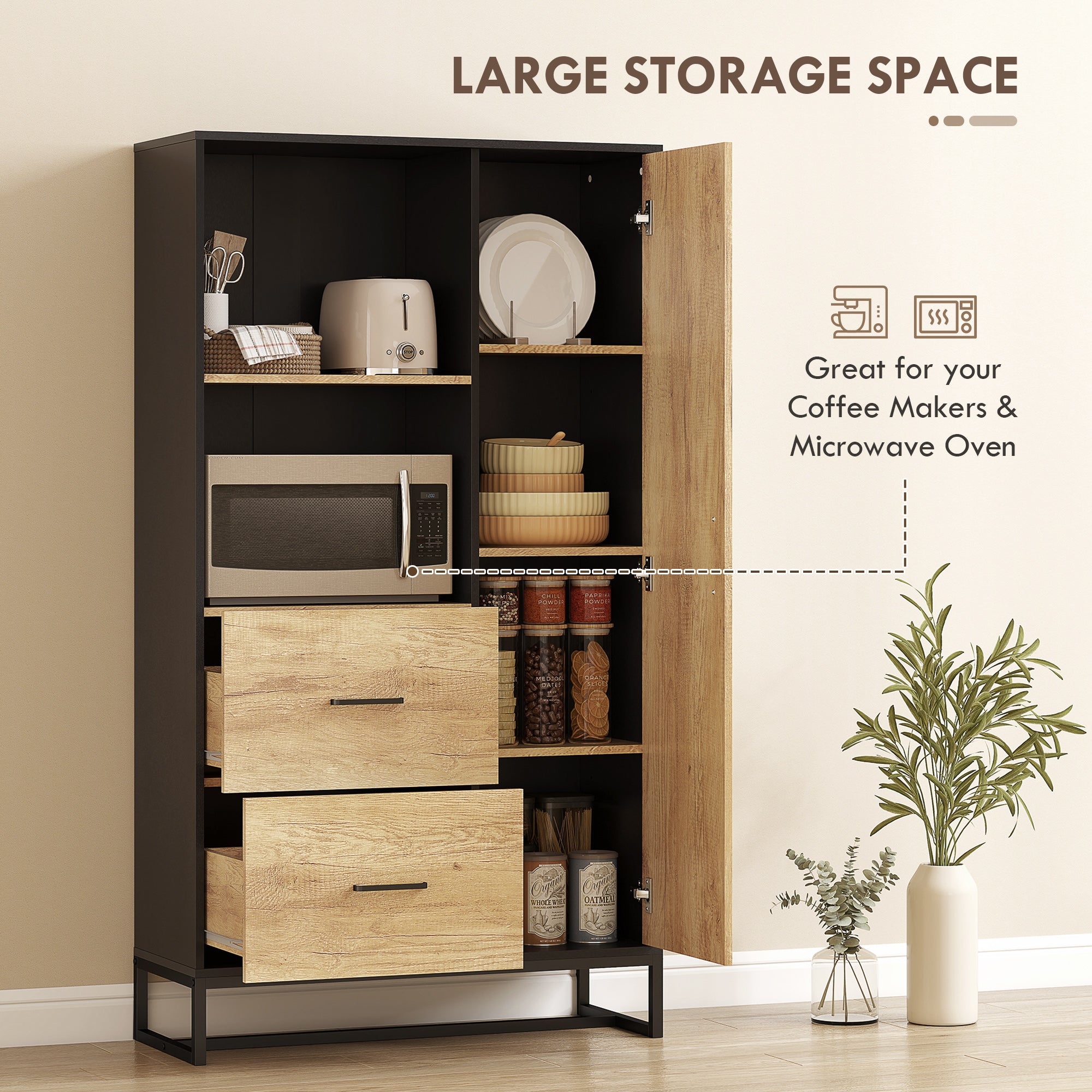 Kozy Tall Kitchen Cupboard, Freestanding Kitchen Pantry Cabinet with Adjustable Shelves, Drawers and Soft Close Door, 160cm