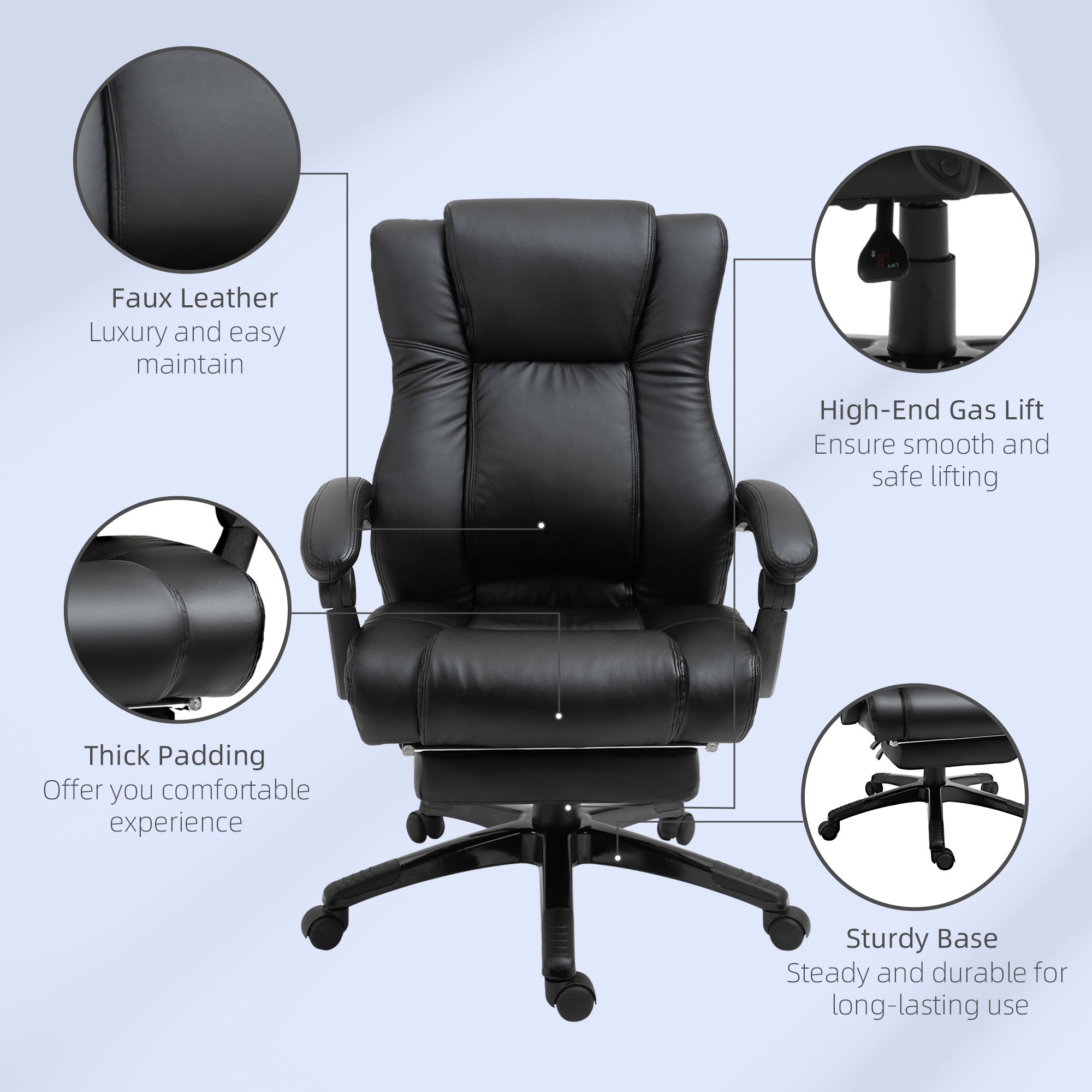 Kozy Executive Office Chair for Home, PU Leather Computer Chair, Swivel Desk Chair with Footrest, Wheels, Adjustable Height, Black