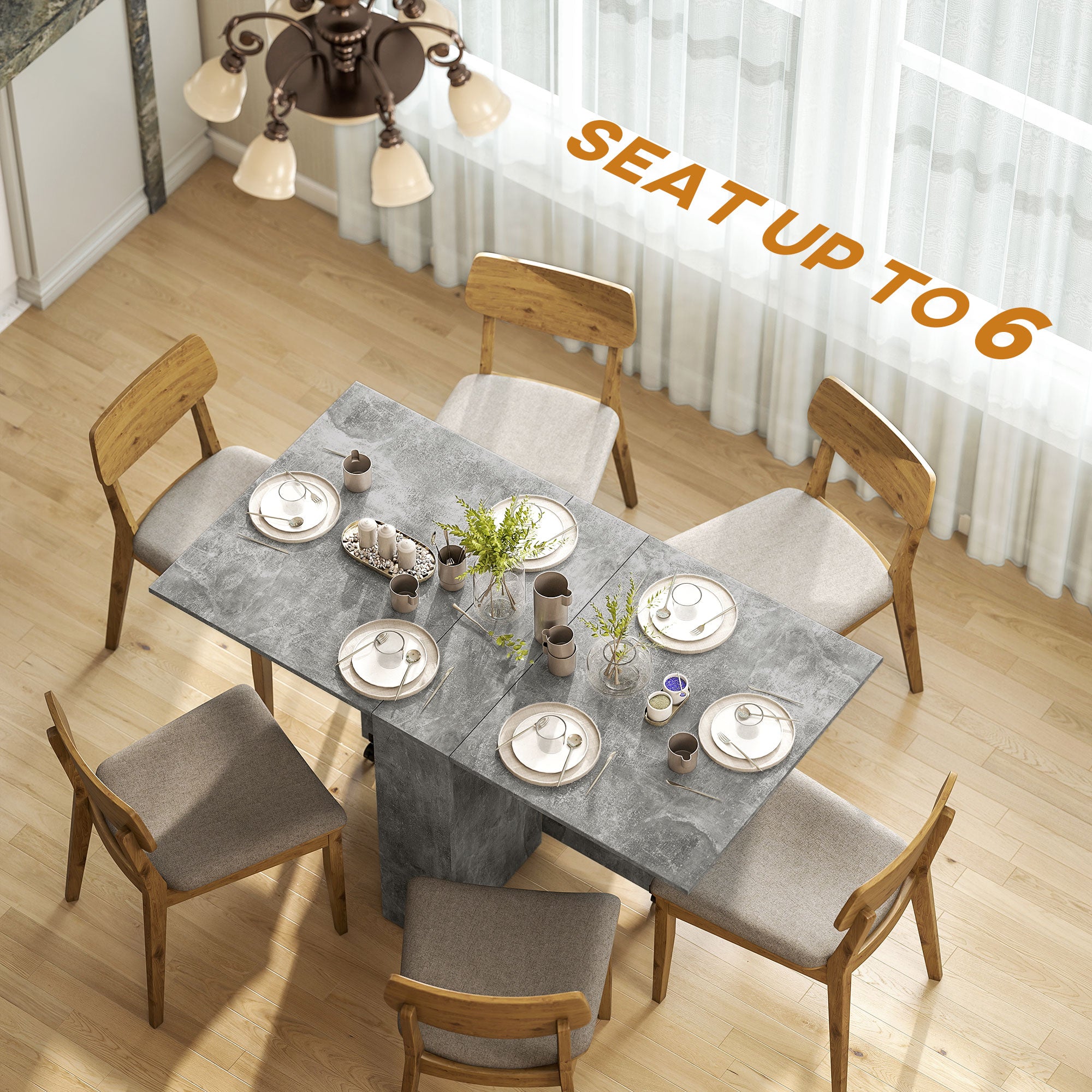 Kozy Folding Dining Table, Drop Leaf Table with 2-Tier Shelves, Rolling Casters, for Small Spaces, Kitchen, Cement Grey