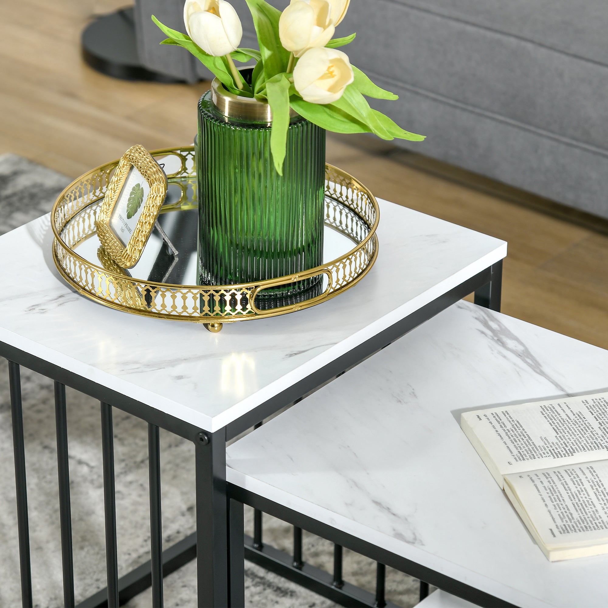 Kozy Modern Coffee Table Set of Two, Marble-Effect Nesting Side Tables with Steel Frame for Living Room, White, Black