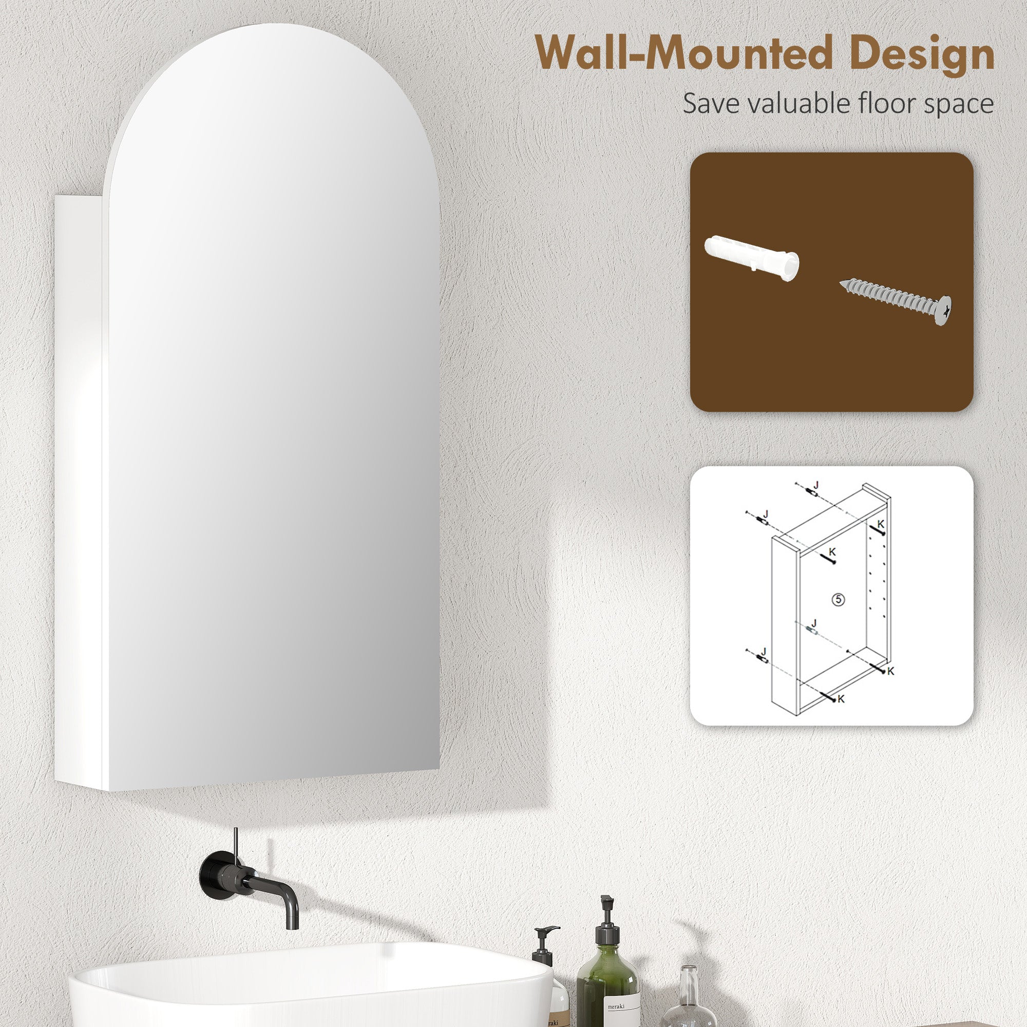 Kozy - Arched Bathroom Mirror Cabinet with Adjustable Glass Shelves - White