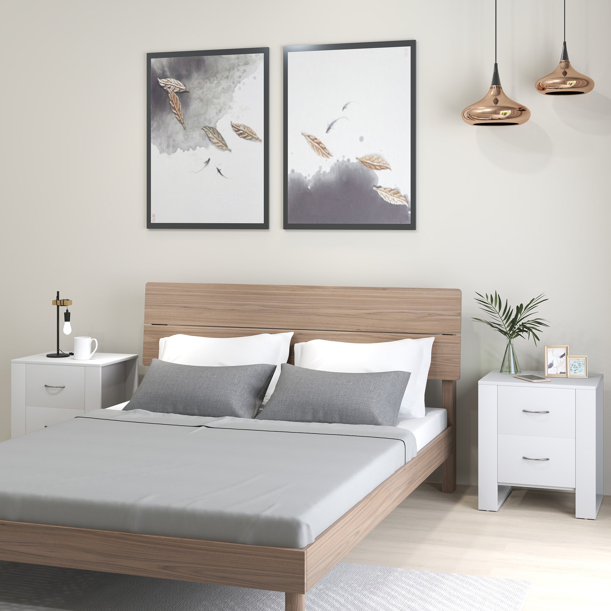 Kozy - Bedside Table Set of 2 with 2 Drawers, Nightstands with Handles and Elevated Base, Side Tables for Bedroom, Living Room, White