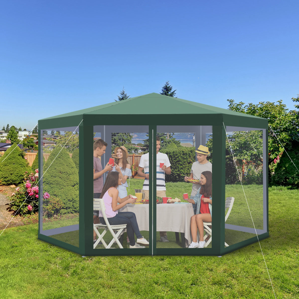 Outsunny Netting Gazebo Hexagon Tent Patio Canopy Outdoor Shelter Party Activities Shade Resistant (Green)