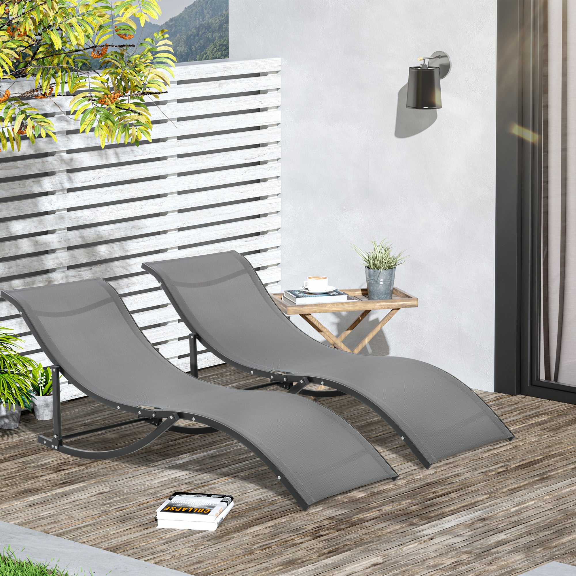 Kozy Set of 2 S-shaped Foldable Lounge Chair Sun Lounger Reclining Outdoor Chair for Patio Beach Garden, Grey