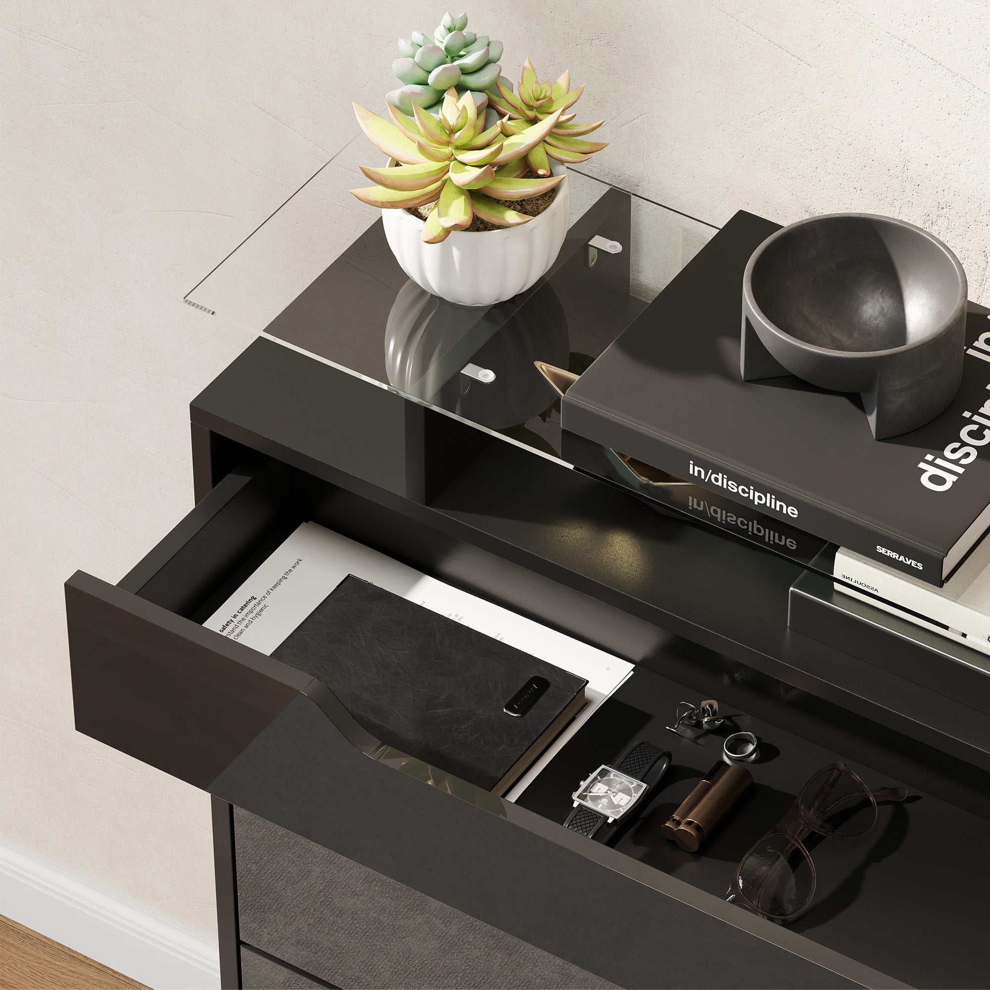 Kozy - Shoe Storage Cabinet with Slide Out Drawer, 2 Flip Doors, Tempered Glass Top - Black