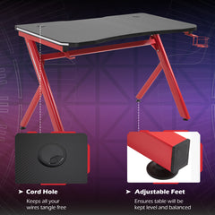 HOMCOM Gaming Desk Computer Table Metal Frame with LED Light, Cup Holder, Headphone Hook, Cable Hole, Red