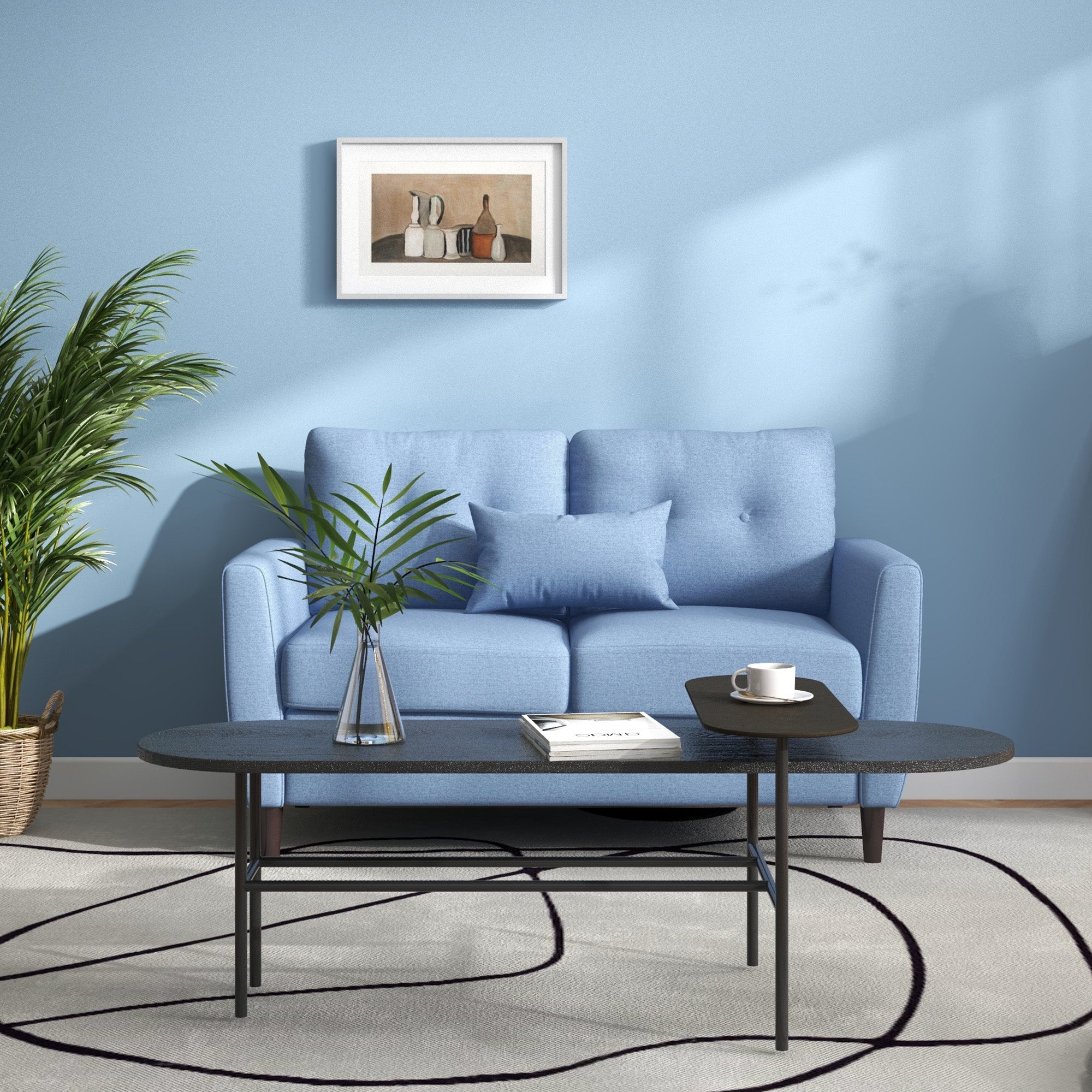 HOMCOM 2 Seat Sofa Double Sofa Loveseat Fabric Wooden Legs Tufted Design for Living Room, Dining Room, Office, Light Blue