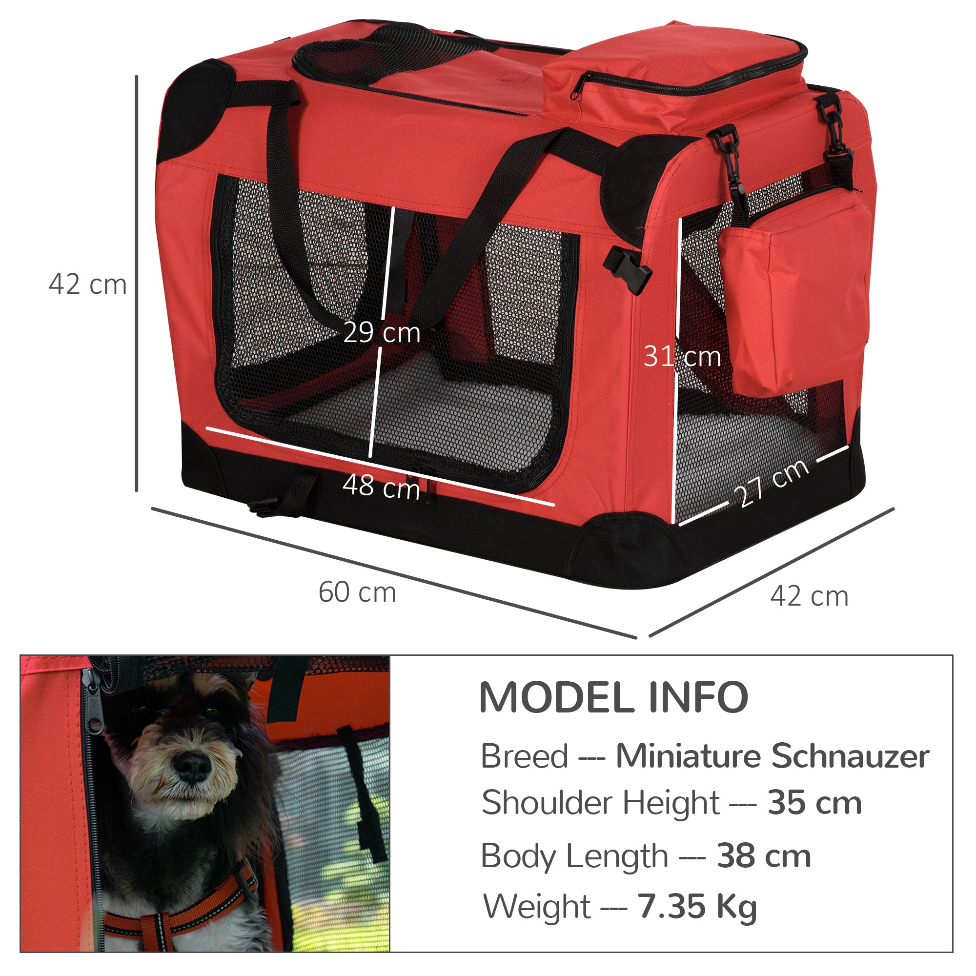Kozy Foldable Pet Carrier for Small and Miniature Dogs, Portable Cat Carrier Soft Side Pet Travel Crate with Removable Mat, Storage Bags, Breathable Mesh Window 60 x 42 x 42cm - Red