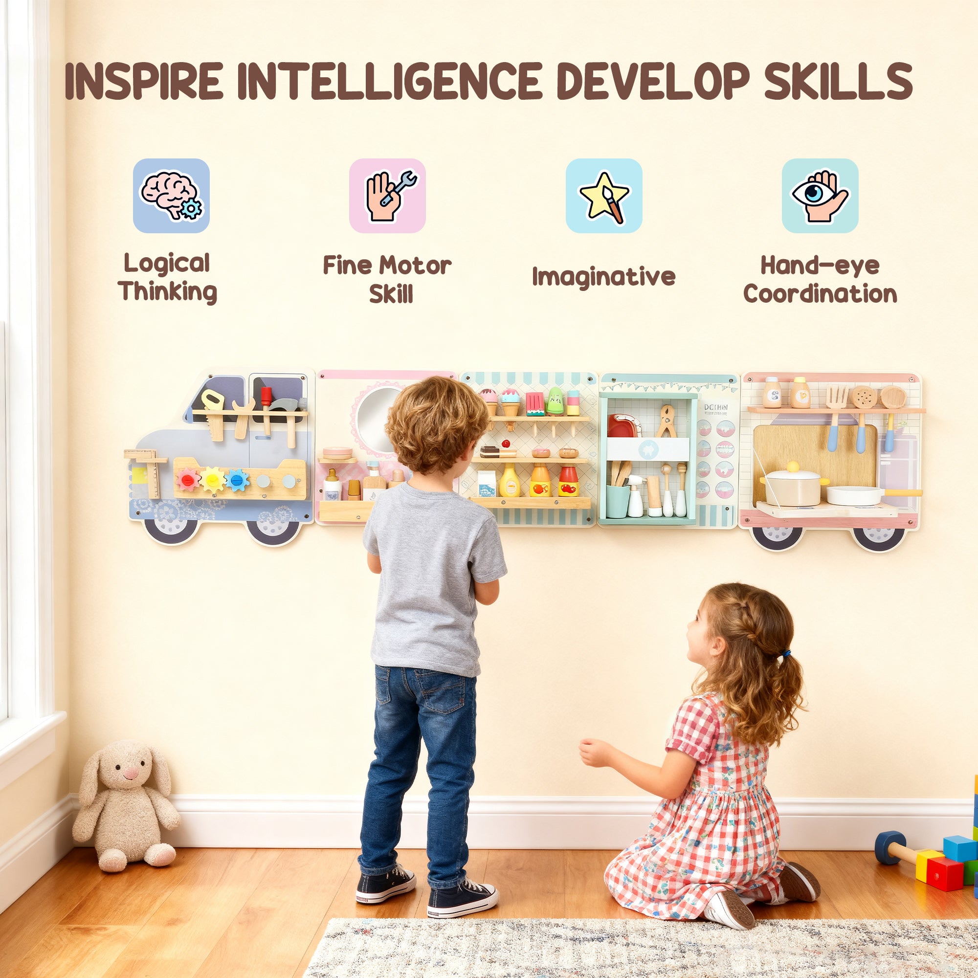 Kozy Wooden Busy Board, 5 in 1 Activity Wall Panels for Kids 3+ Years, for Daycare, Playroom, Home