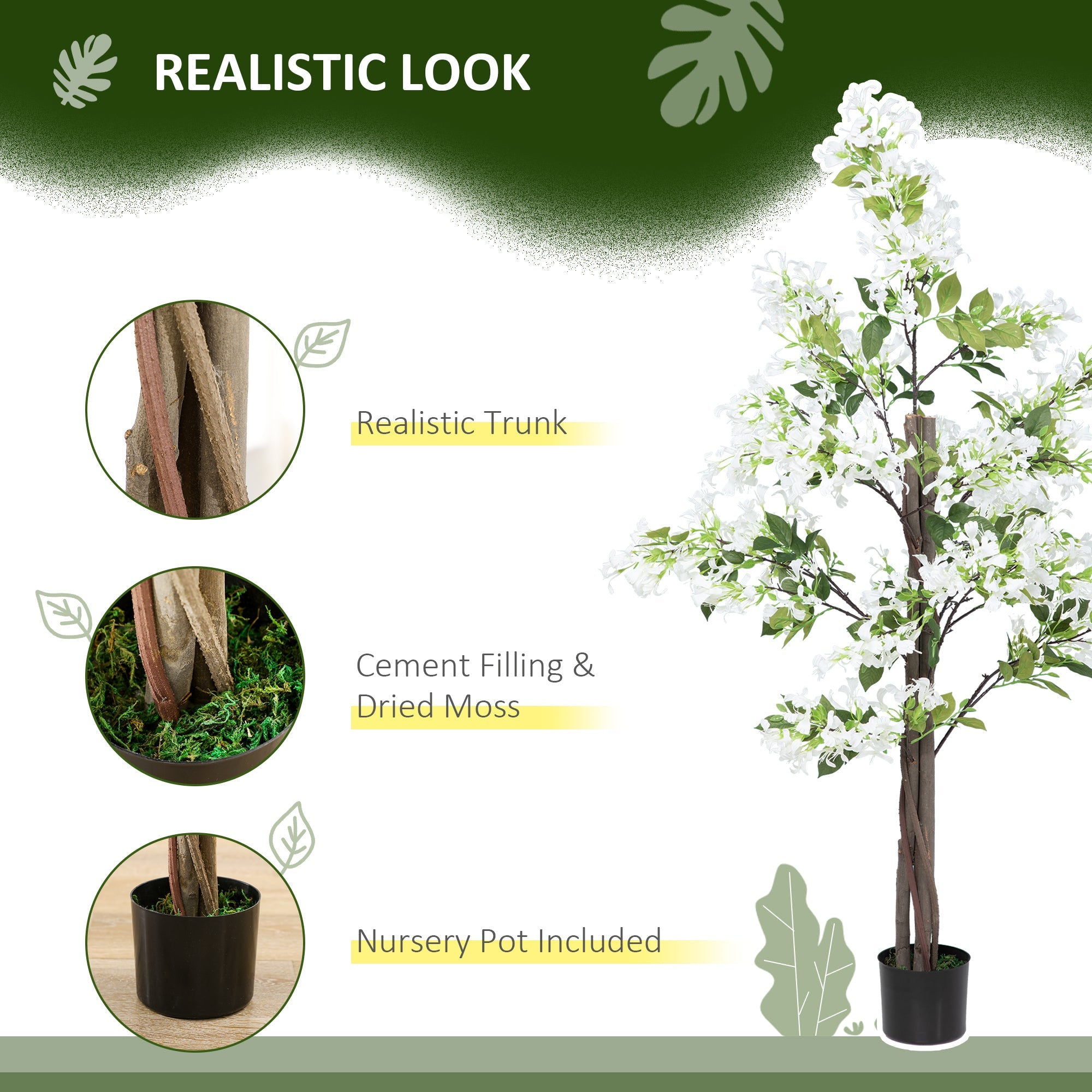 HOMCOM Artificial Honeysuckle Plant in Pot, Fake Floral Decor with Curved Boots for Indoor Outdoor Use, 15x15x150cm, White and Green