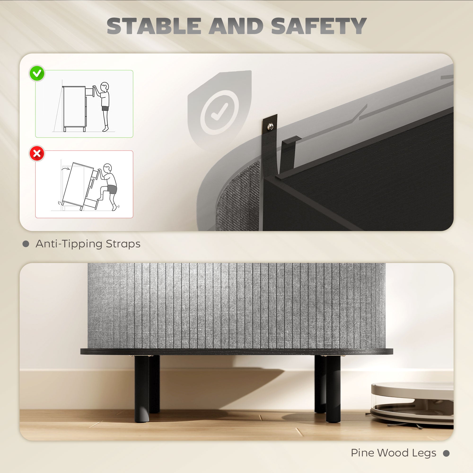 Kozy Tambour Sideboard with Fluted Sliding Doors, Modern Kitchen Cupboard with Storage Shelves and Wooden Legs, Grey
