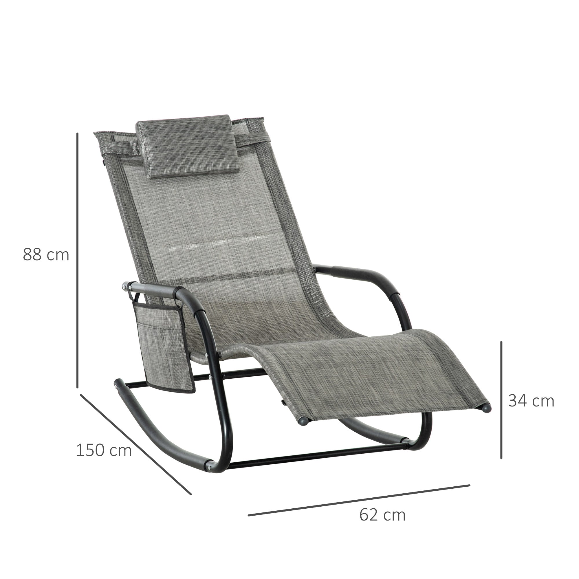 Kozy Outdoor Garden Rocking Chair, Patio Sun Lounger Rocker Chair with Breathable Mesh Fabric, Removable Headrest Pillow, Armrest, Side Storage Bag, Dark Grey