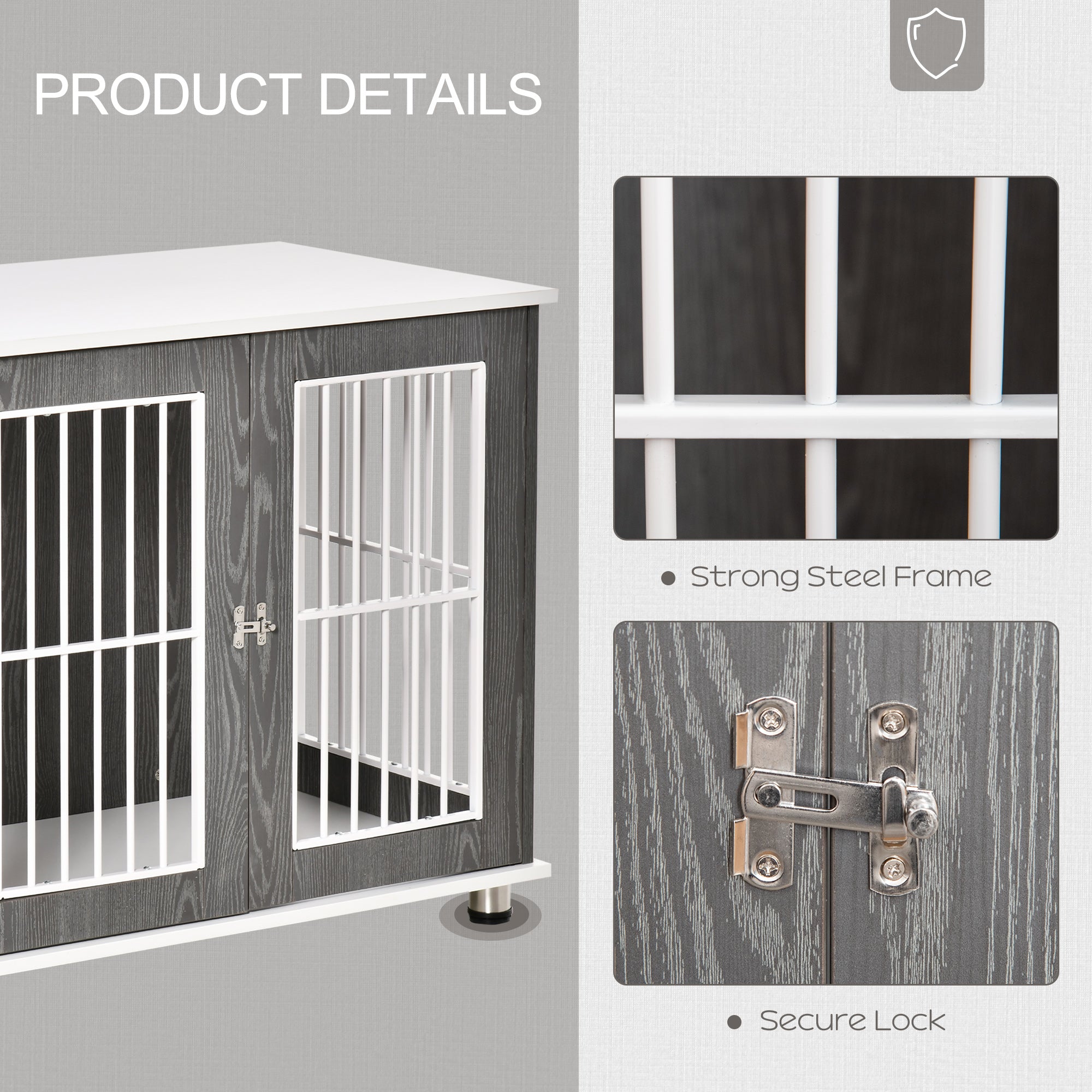 Kozy Dog Crate Wooden Pet Kennel Cage End Table w/ Lockable Door for Small Medium Dog Grey & White 85 x 55 x 75 cm