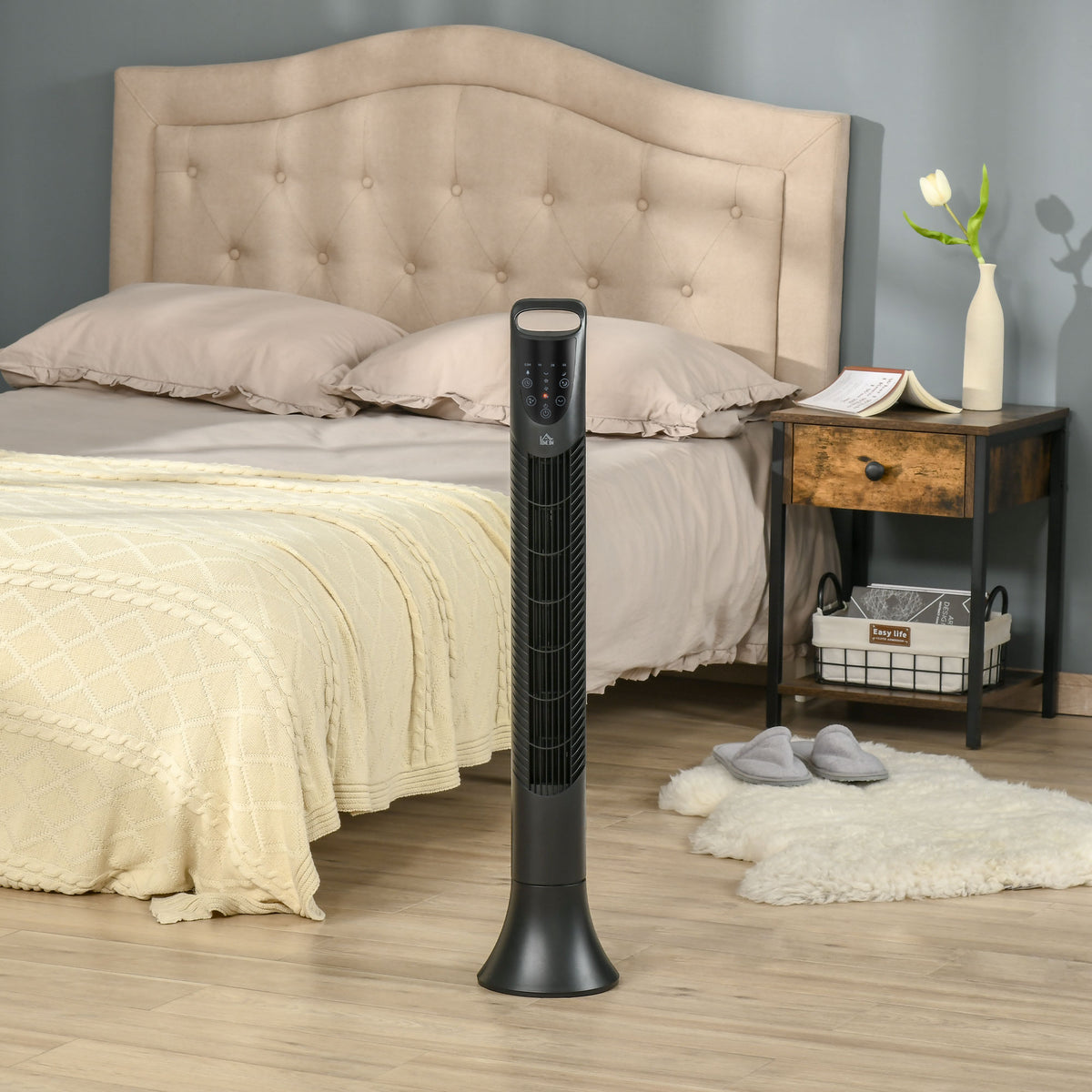 HOMCOM 36'' Tower Fan, Oscillating, 3 Speeds, 3 Modes, 7.5h Timer, LED Display, Remote Control, Black