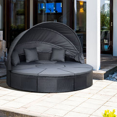 Kozy 4 Pieces PE Rattan Garden Daybed Set, Outdoor Wicker Cushioned Round Sofa Bed Conversation Furniture with Coffee Table & Canopy, Black