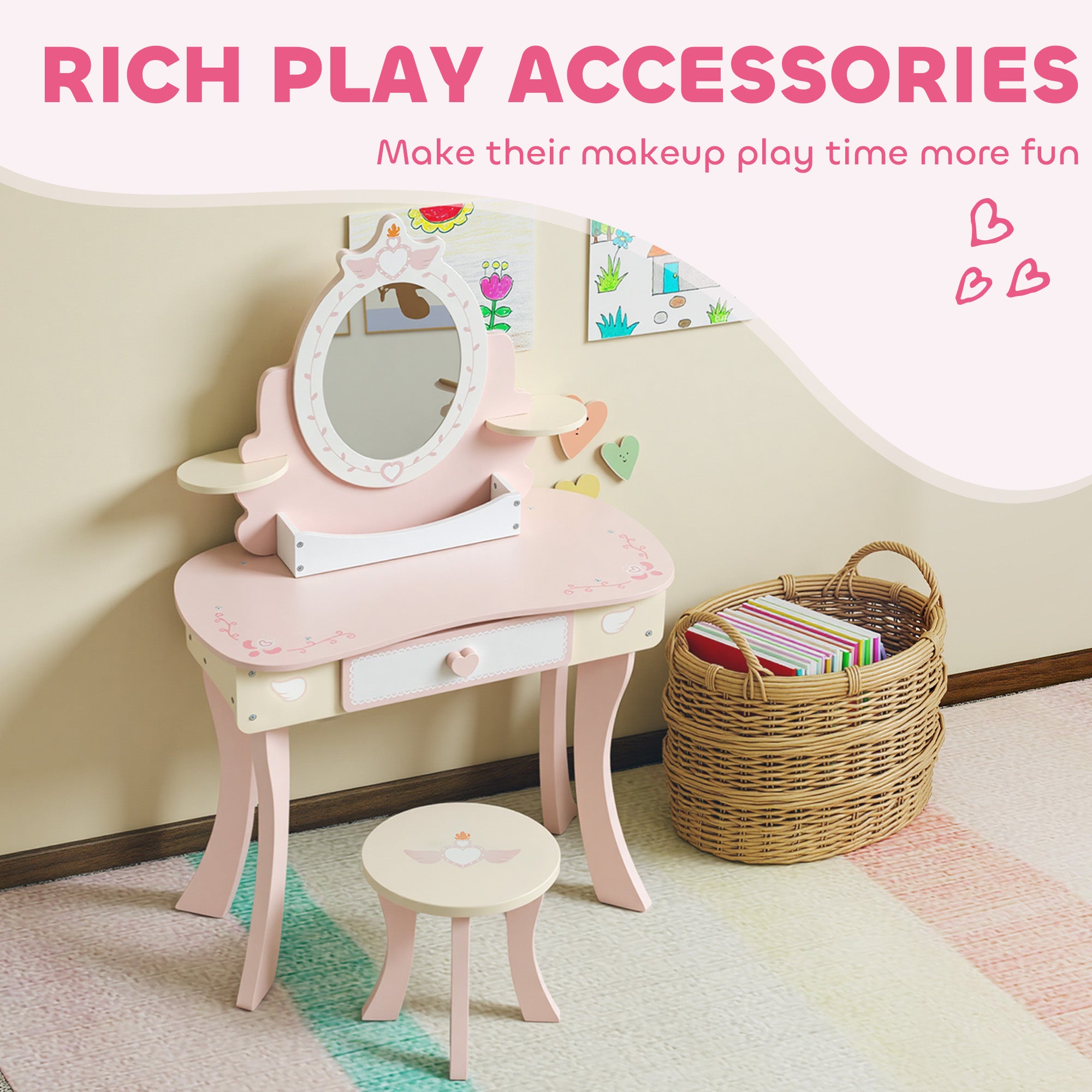 Kozy Kids Dressing Table, Girls Vanity Set with Mirror and Stool, 7 Play Accessories, Drawer, Desktop Storage, Pink