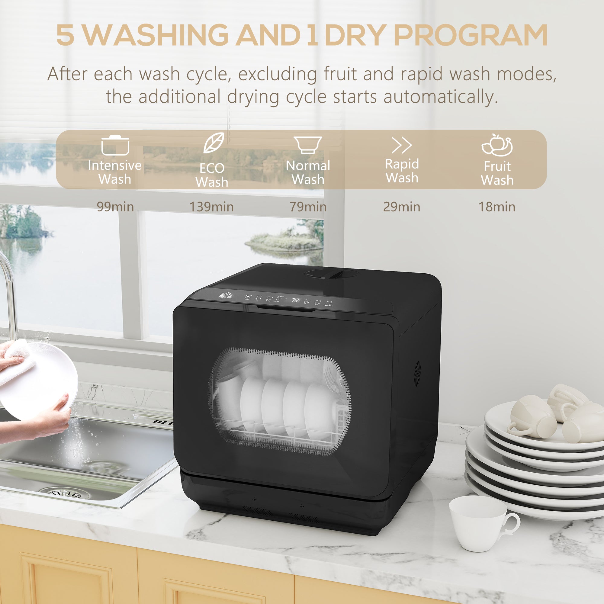 Kozy - Table Top Dishwasher with Built-in 6L Water Tank, Mini Countertop Dishwasher with 6 Programs, 4 Place Settings, Black