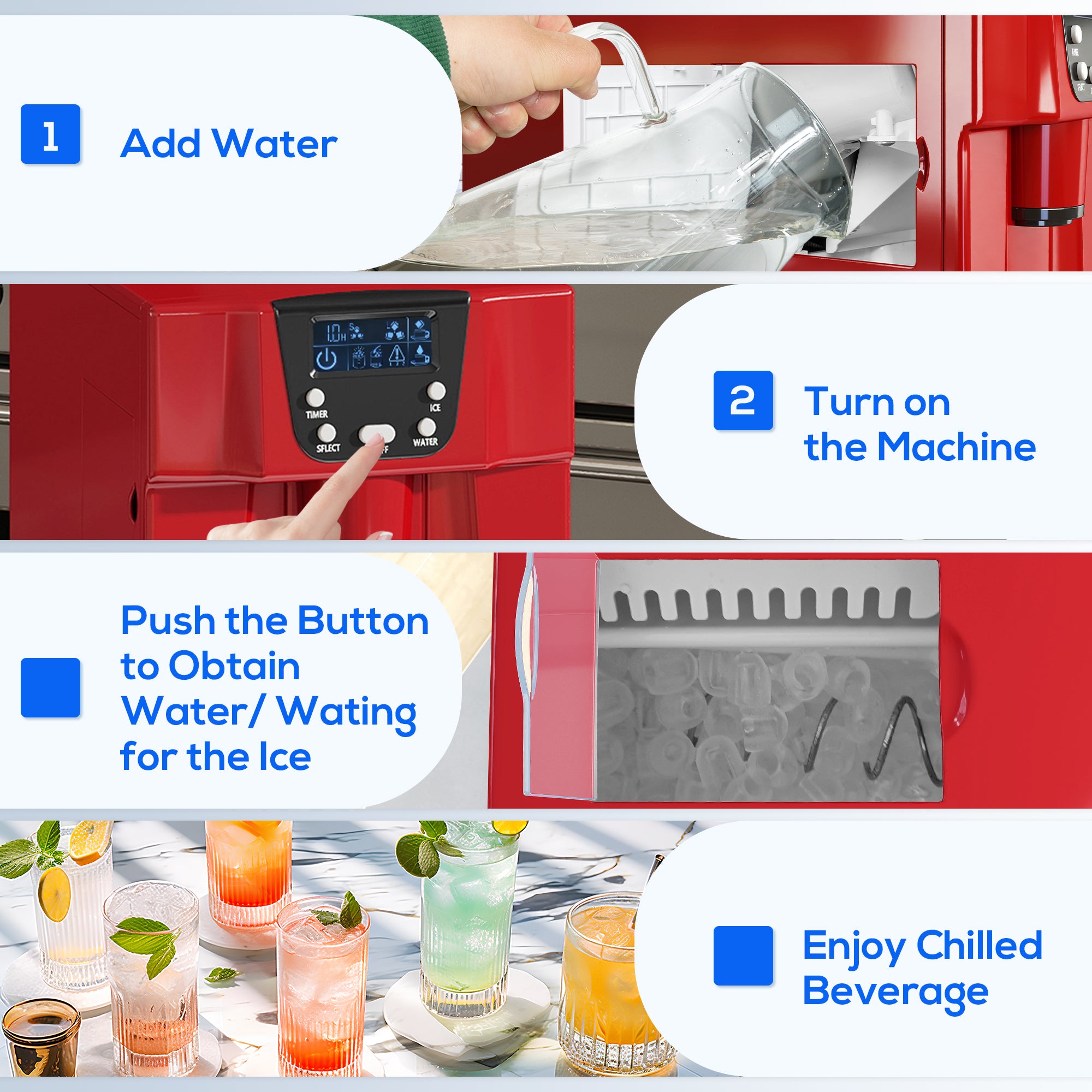 Kozy - 3L Ice Maker Machine and Water Dispenser, 12kg in 24H, 2 Sizes 9 Ice Cubes Ready in 6-10 Mins Ice Machine, Red