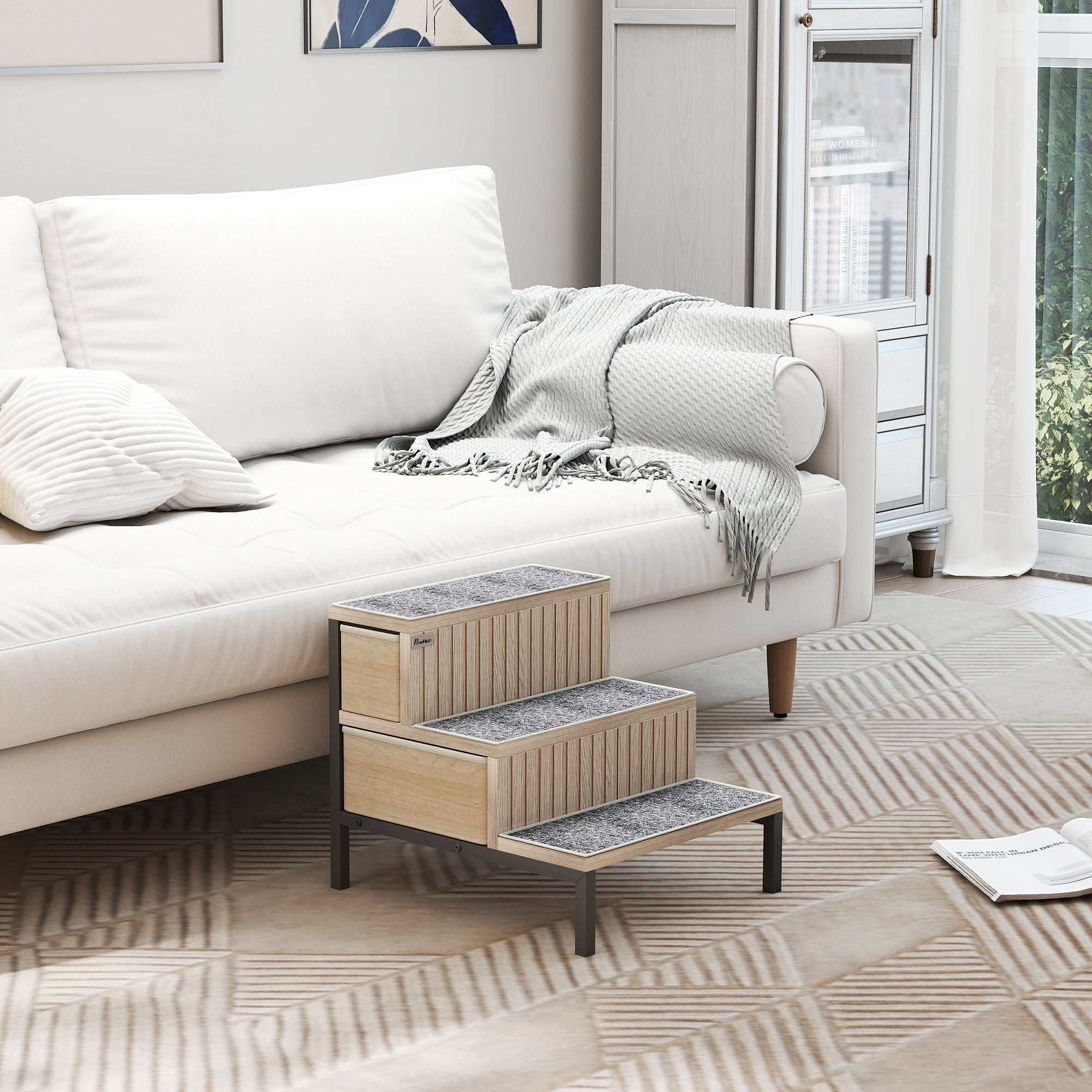 Kozy Dog Stairs with Storage, Non-Slip Cover, Pet Steps for Small Dogs & Older Cats, for Sofa, High Bed, Oak Tone