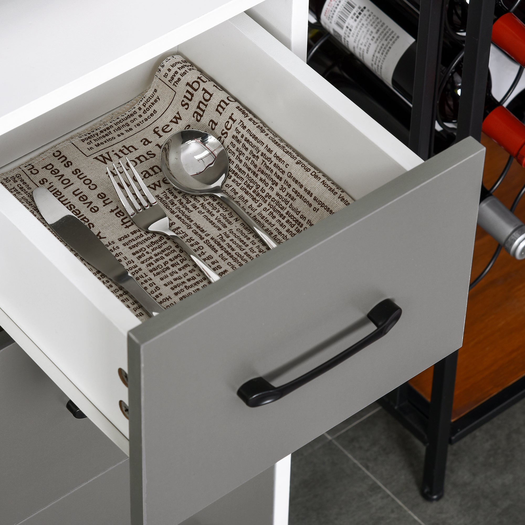 Kozy Modern Kitchen Cupboard with Storage Cabinets, 3 Drawers and Open Countertop for Living Room, Grey