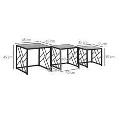 HOMCOM Set of 3 Nest of Tables, Square Side Tables with Black Metal Frame, for Living Room, Bedroom and Office, Grey