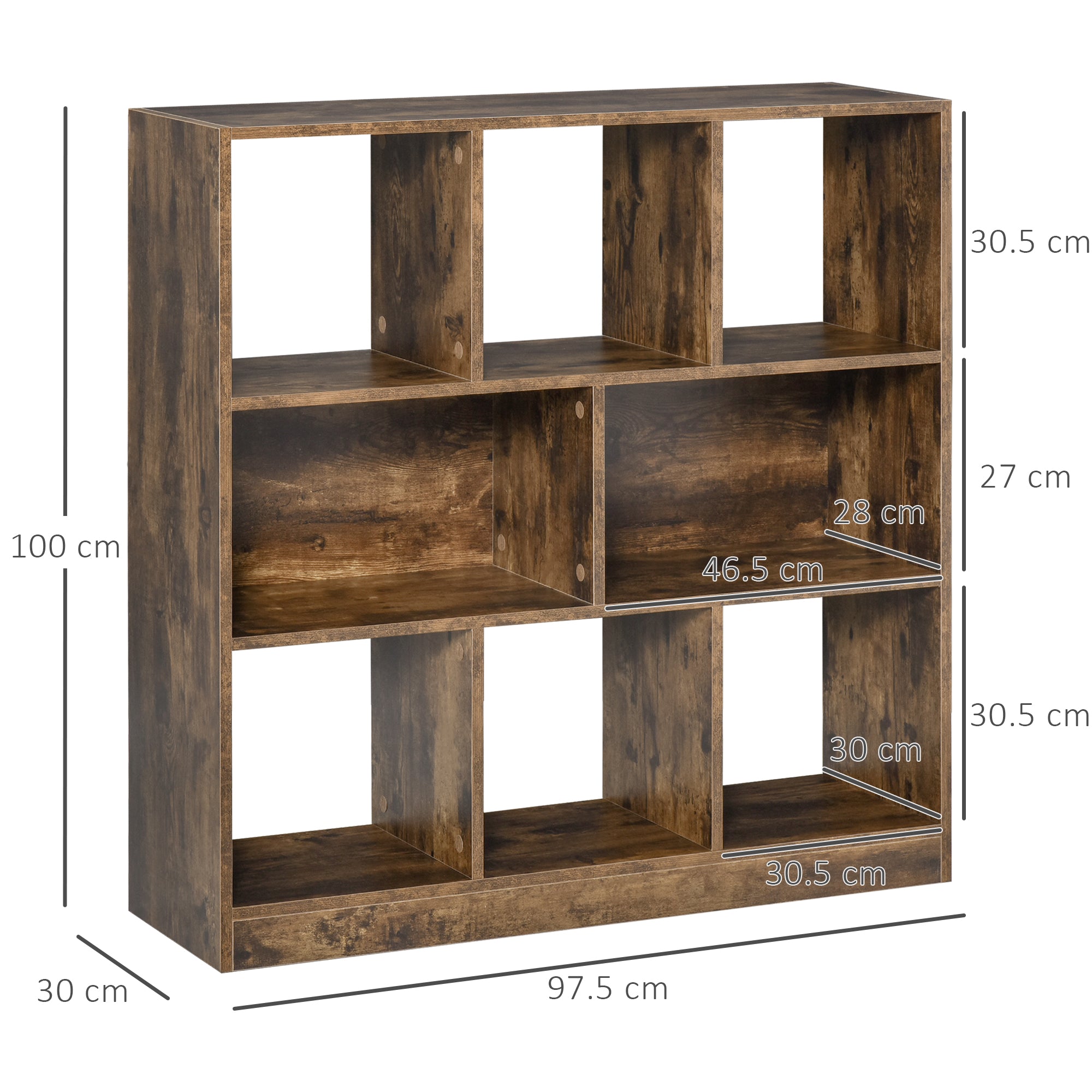Kozy 3-Tier Bookcase, Storage Shelf Unit with Open Compartments, for Living Room, Bedroom, Office, Divider, 97.5 x 30 x 100 cm, Rustic Brown