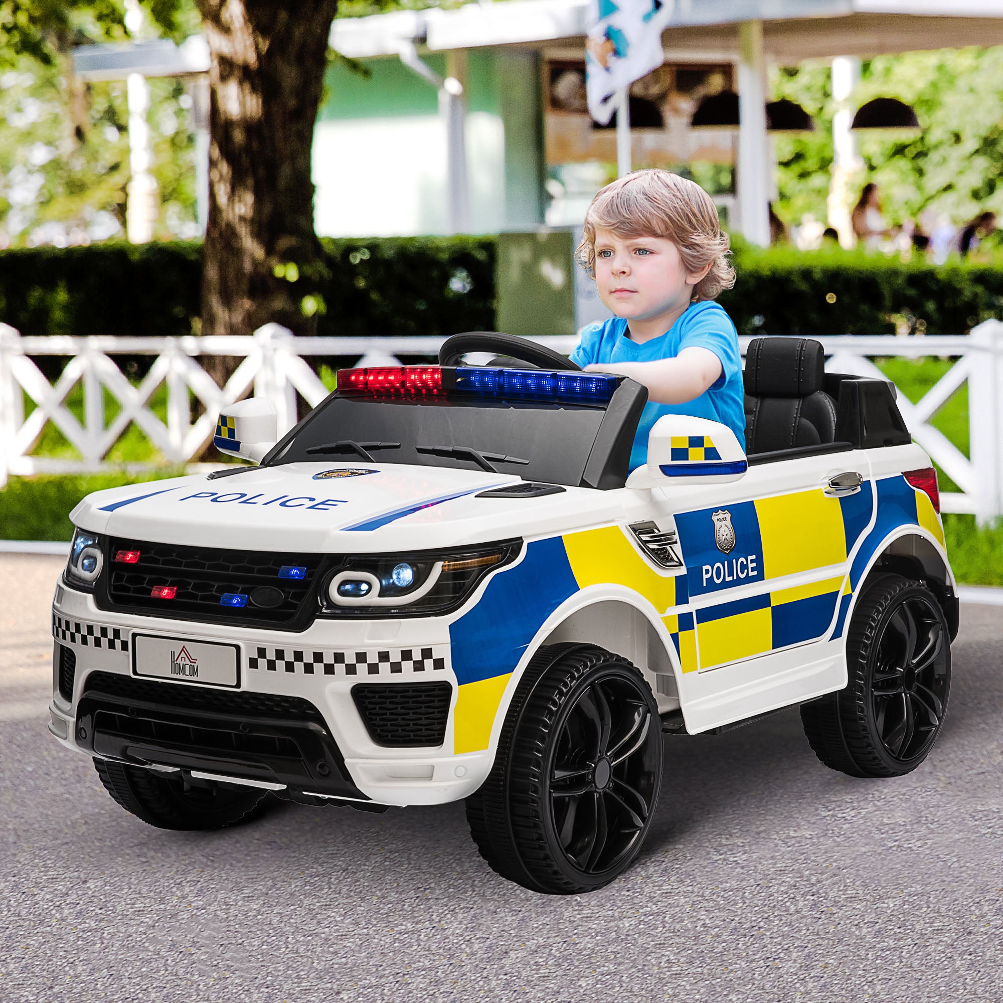 Kozy 12V Electric Car for Kids Police Car 2 Motors with Parental Remote Control Siren Flashing Lights USB Portable for 3-6 Years White