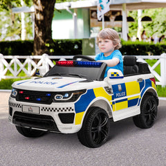 Kozy 12V Electric Car for Kids Police Car 2 Motors with Parental Remote Control Siren Flashing Lights USB Portable for 3-6 Years White