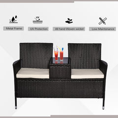 Outsunny 2 Seater Rattan Dining Chairs Wicker Loveseat Outdoor Patio Armchair with Drink Table Garden Furniture