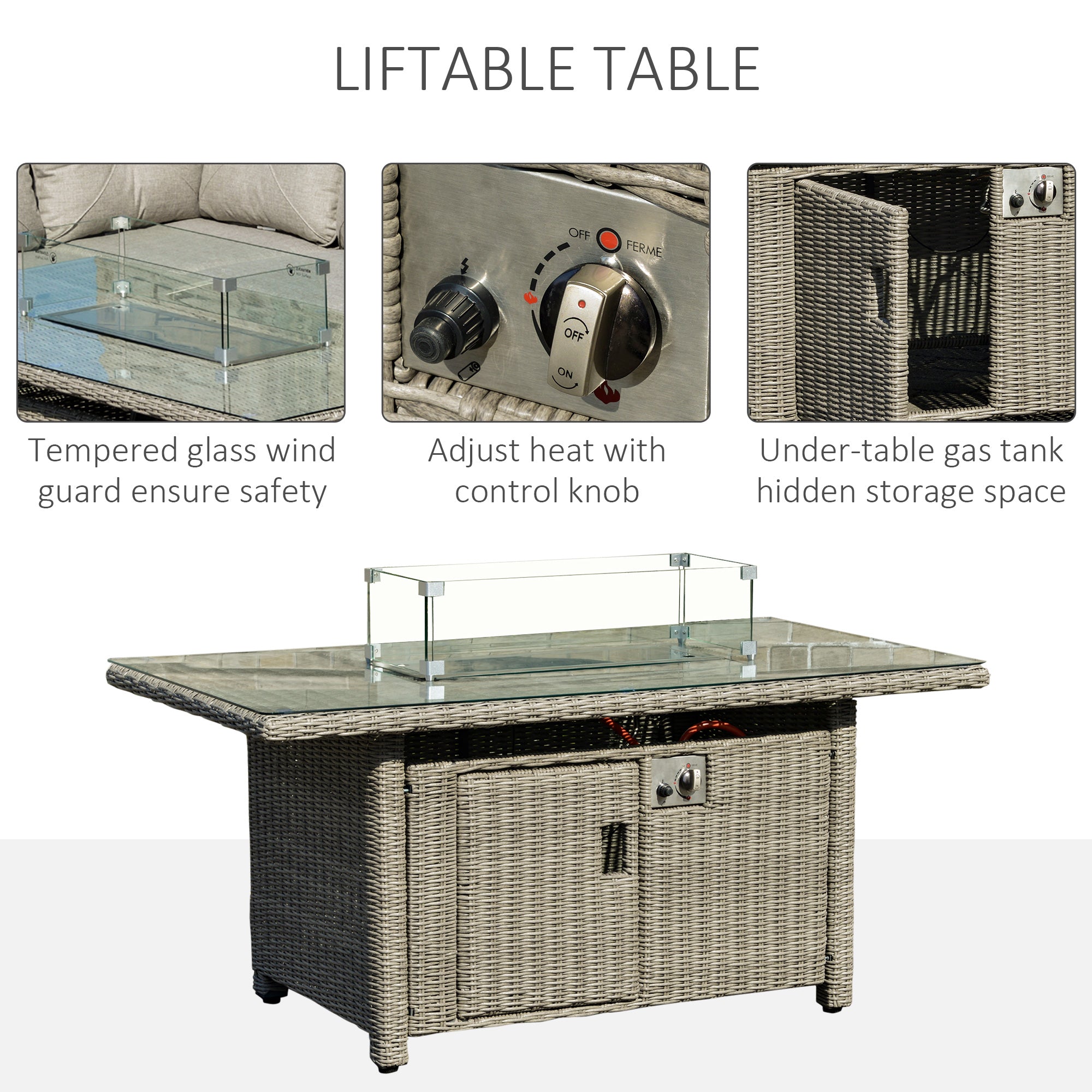 Kozy 8-Seater Outdoor PE Rattan Sofa Set Conversation Set w/ Fire Pit Table, L-Shape Sofa, Footstool and Furniture Cover