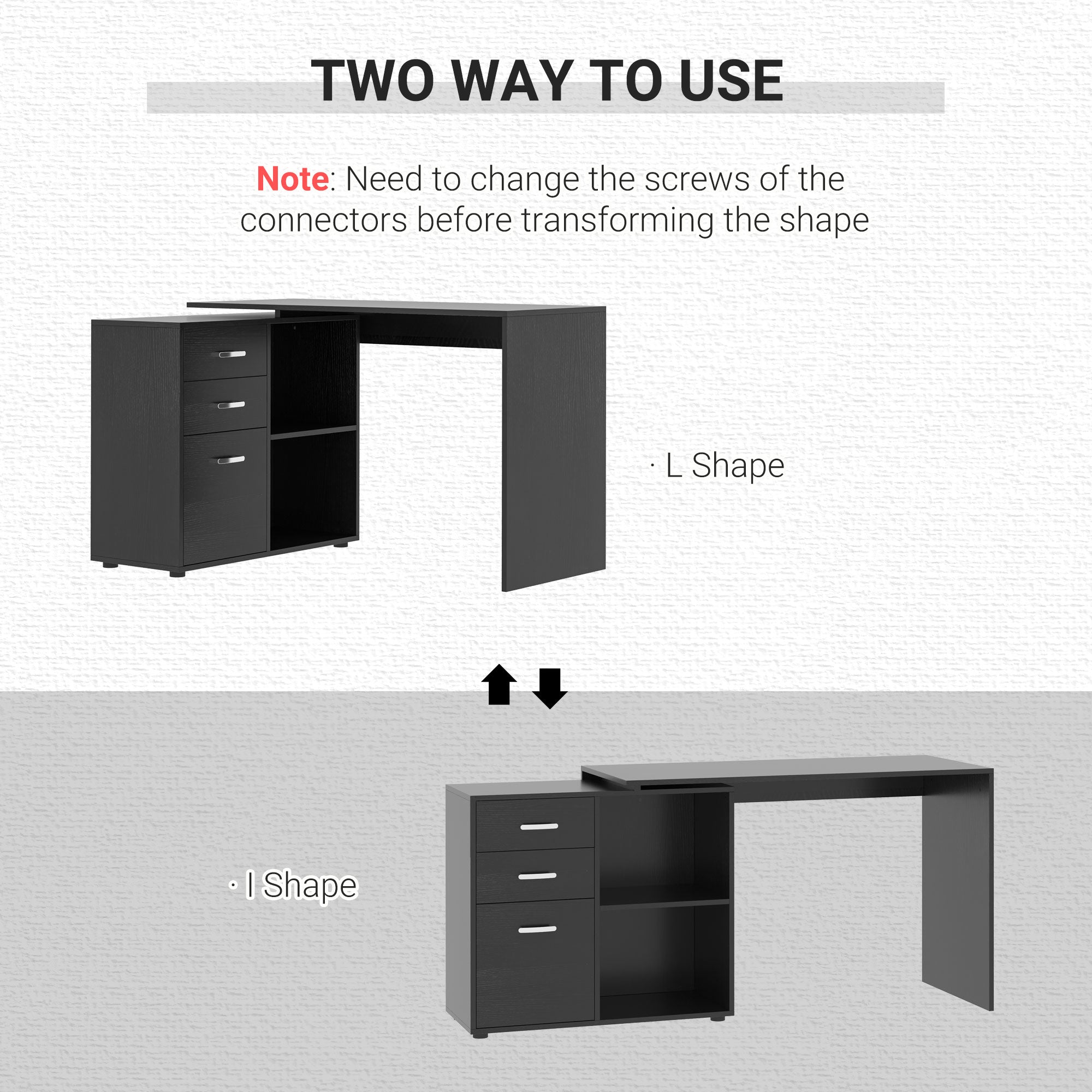 Kozy L Shaped Computer Desk, Reversible Home Office Desk with Drawers, File Cabinet and Storage Shelves, Study Table, 117 x 83.5 x 76cm, Black