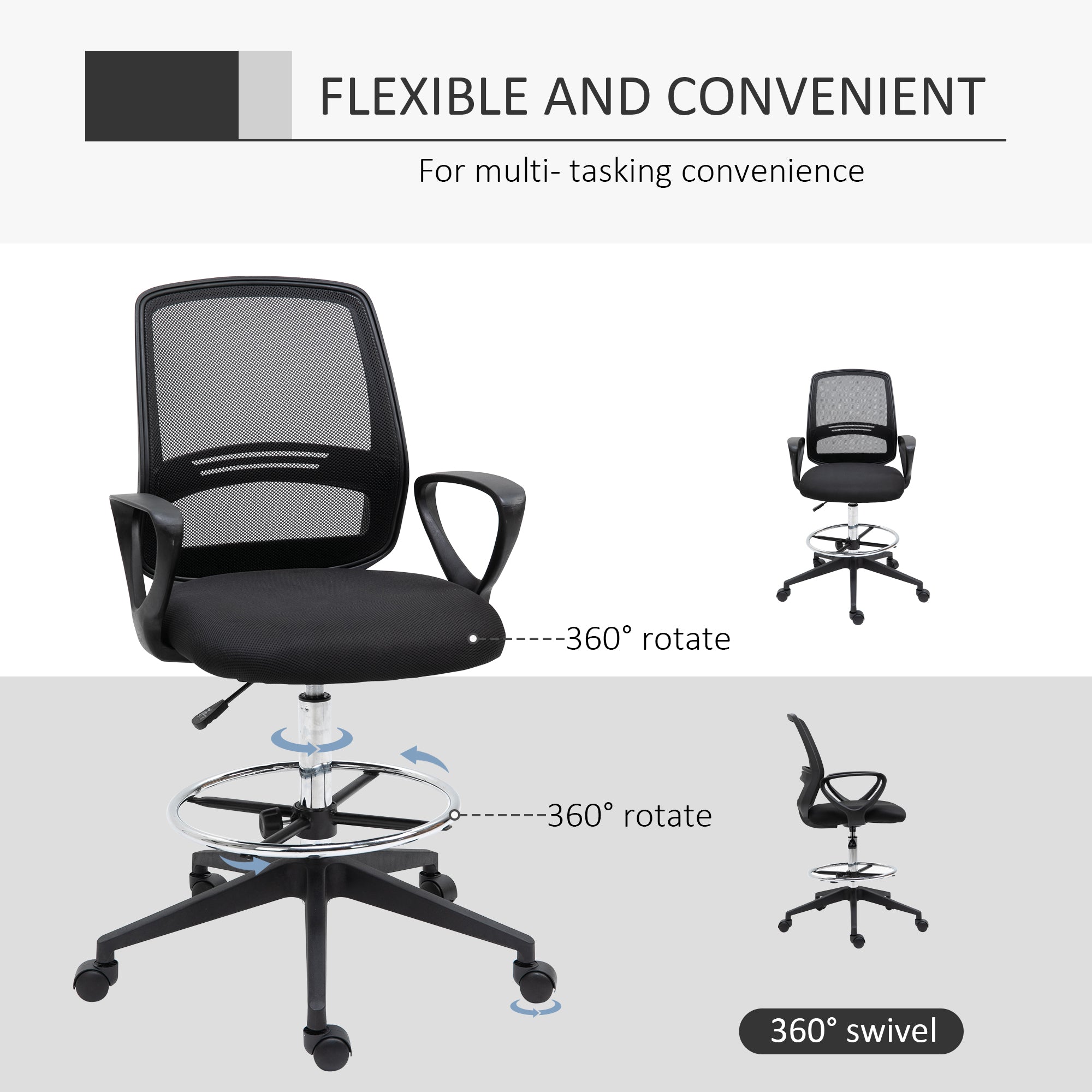 Vinsetto Drafting Chair, Ergonomic Mesh Back with Adjustable Height & Footrest, 360 Swivel