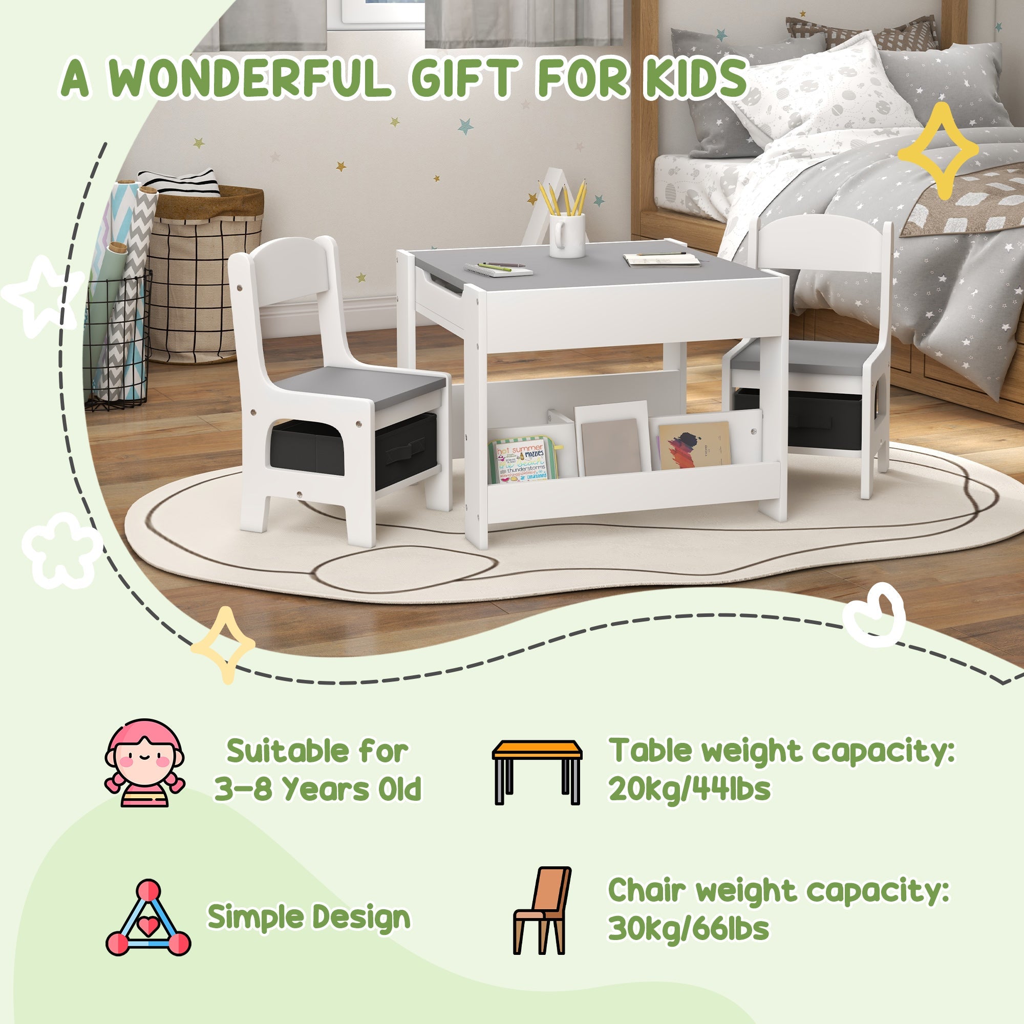 HOMCOM 3PCs Kids Table and Chair Set with Blackboard, Storage, Bookshelves, Grey | Aosom UK
