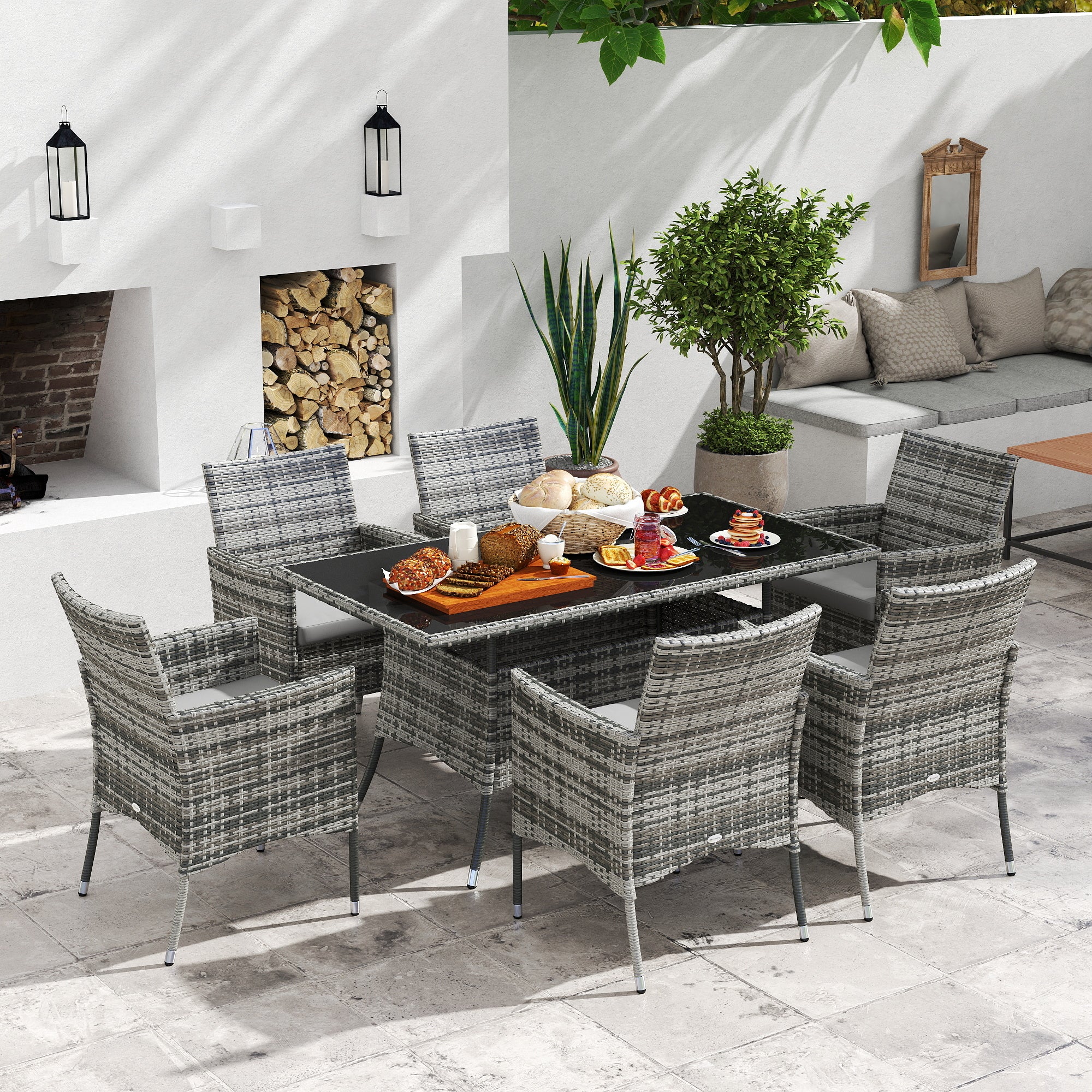 Kozy 7-Piece Rattan Garden Furniture Set with Cushions, 6 Seater Garden Table and Chairs, Rattan Dining Set with 6 Armchairs, Rectangular Glass Top Table, Grey