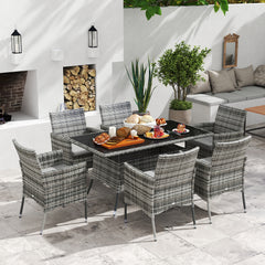Kozy 7-Piece Rattan Garden Furniture Set with Cushions, 6 Seater Garden Table and Chairs, Rattan Dining Set with 6 Armchairs, Rectangular Glass Top Table, Grey