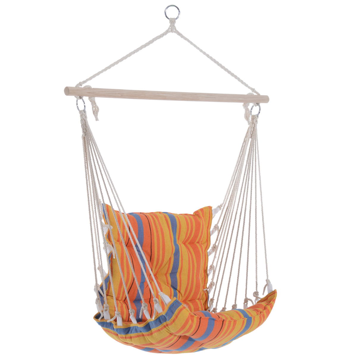 Kozy Outdoor Hanging Rope Chair with Soft Padded Seat & Backrest, Garden Hammock Chair with Wooden Support Bar Cotton Cloth, Portable Garden Chair for Patio & Tree, Orange