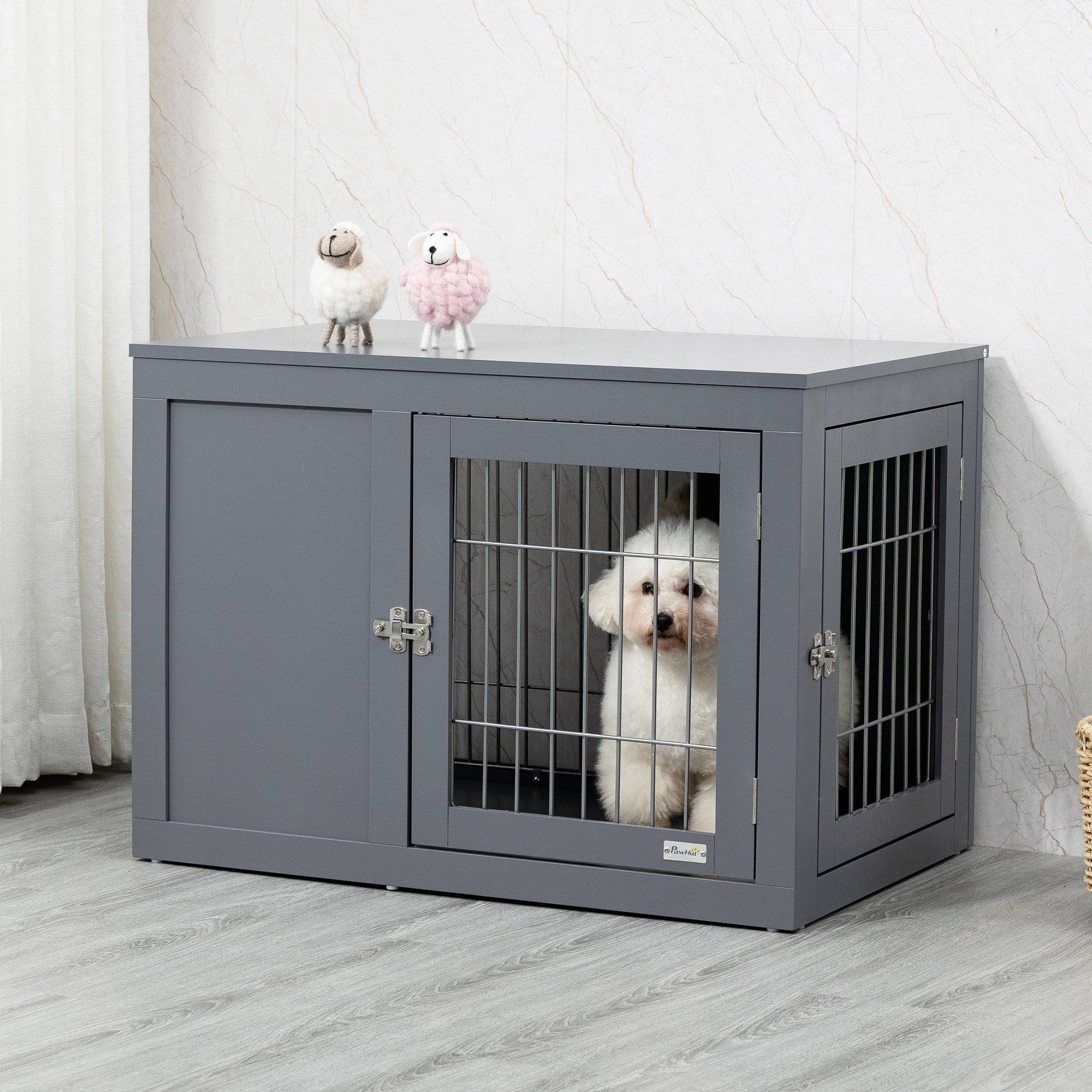 Kozy Furniture Style Dog Crate for Small and Medium Dogs, End Table Pet Cage with Two Lockable Doors - Grey