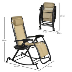 Kozy Garden Rocking Chair Folding Recliner Outdoor Adjustable Sun Lounger Rocker Zero-Gravity Seat with Headrest Side Holder Patio Deck - Beige
