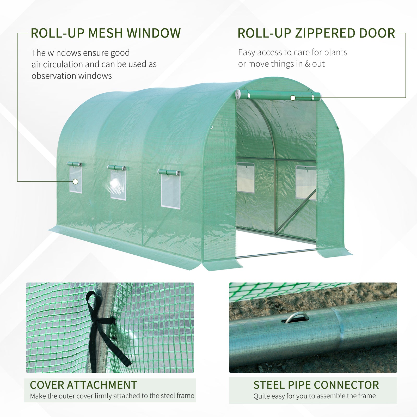 Kozy 4 x 2 x 2 m Polytunnel Greenhouse with Roll-up Door and 6 Mesh Windows, Walk-in Garden Tunnel Warm House Tent with UV-resistant PE Cover and Galvanised Steel Frame, Green
