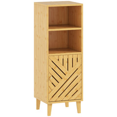 Kozy - Slim Bathroom Cabinet with Bamboo Door and Legs, Narrow Bathroom Storage Cabinet, Freestanding Storage Cupboard with Open Compartments, 32 x 30 x 90 cm, Natural Wood Finish