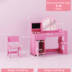 Kozy Kids Vanity Table and Chair Set, Girls Dressing Table with 2-Colour LED Mirror, Stool, Cabinet, Drawer, Shelves, Pink