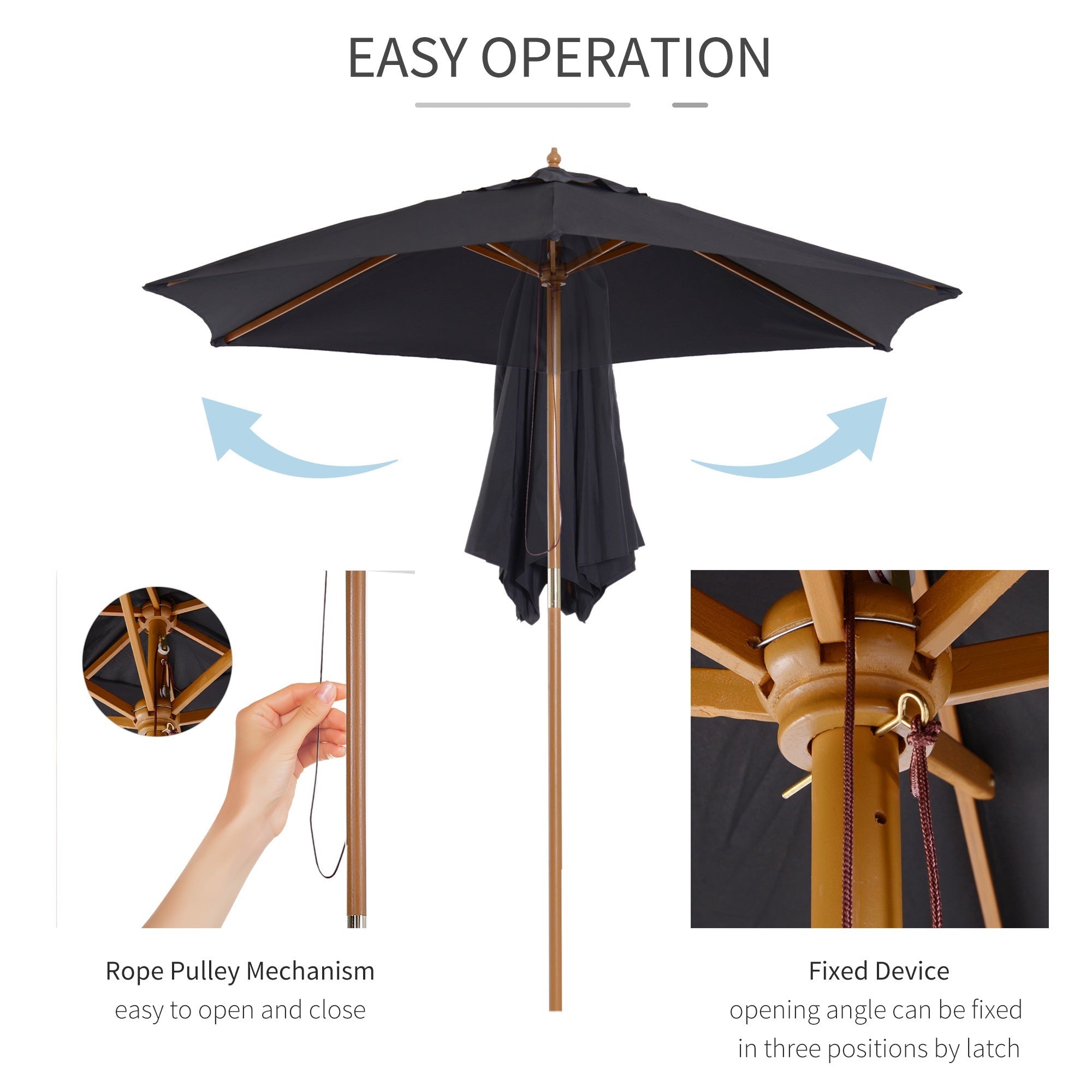 Outsunny Wooden Patio Parasol: 2.5m Outdoor Sun Umbrella, Weather-Resistant, Black | Aosom UK