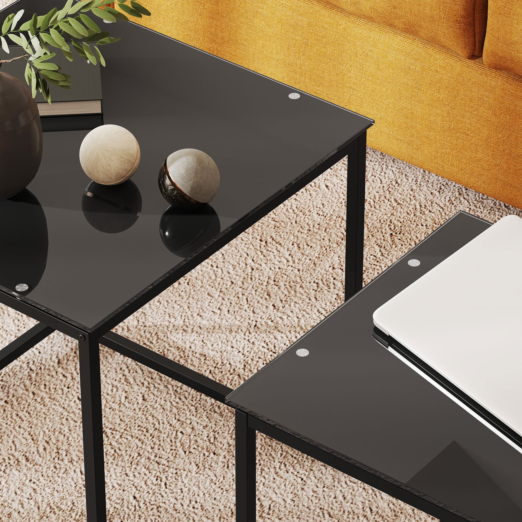 Kozy Nest of Tables, Set of 2 Coffee Table, Side Tables with Tempered Glass Desktop and Metal Frame for Living Room, Bedroom, Office, Black