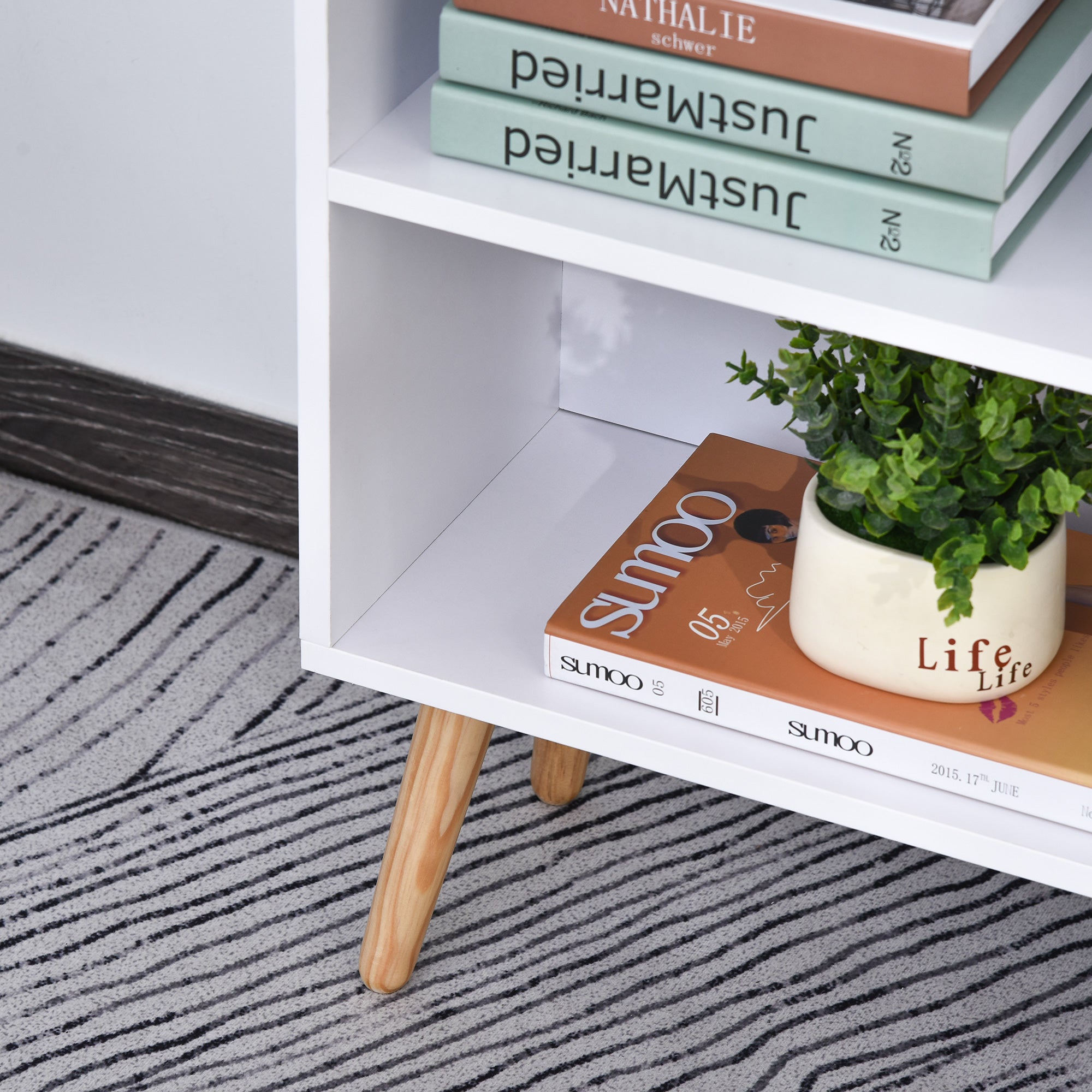 Kozy Bookcase, Freestanding Book Shelf with Storage Drawer, 6 Shelves and Wood Legs for Home Office Display, White and Grey, 24D x 60W x 86.8H cm