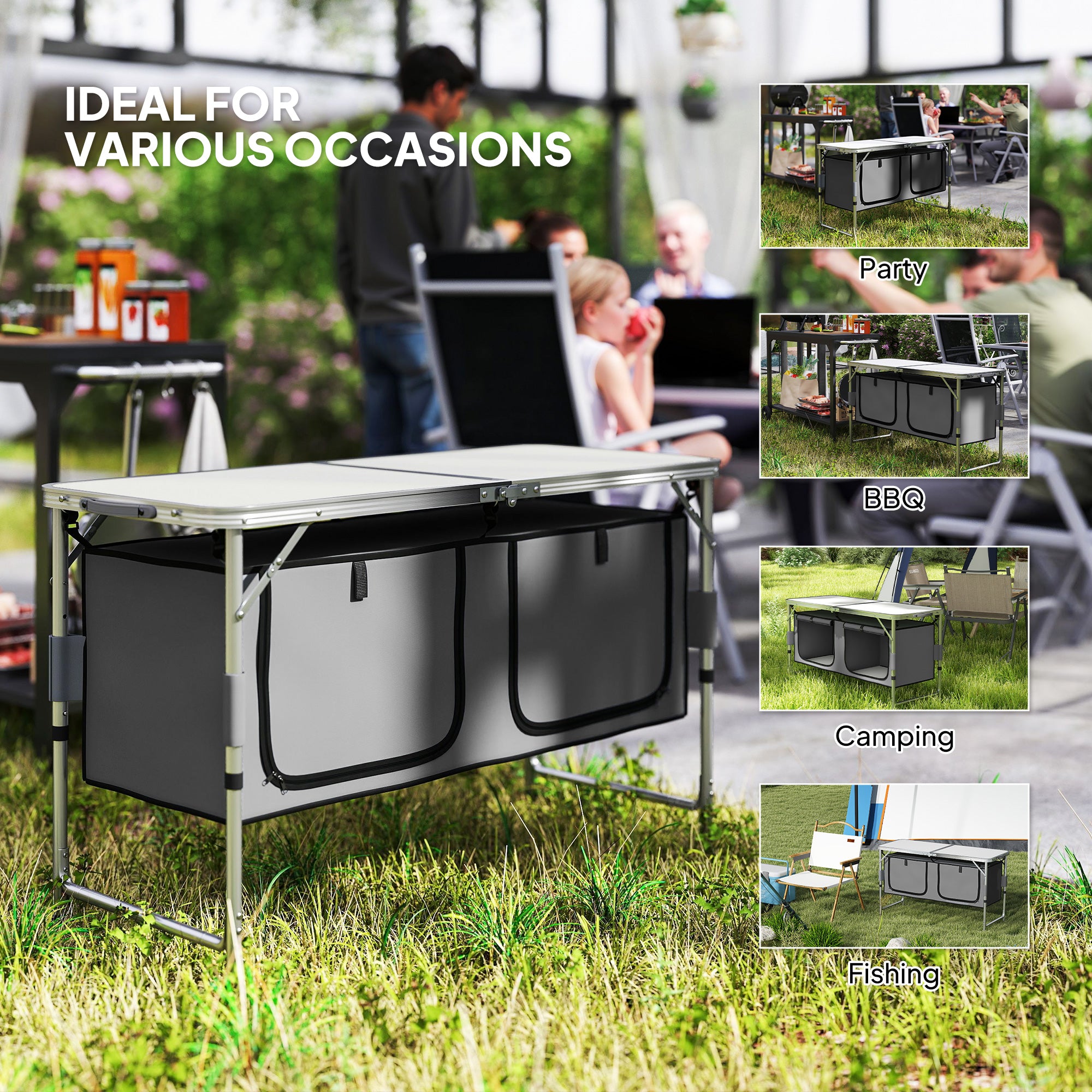 Kozy 4ft Folding Camping Cupboard Kitchen, Height Adjustable Aluminium Camping Table with Storage, Lightweight Picnic Table for Outdoor Garden BBQ Party