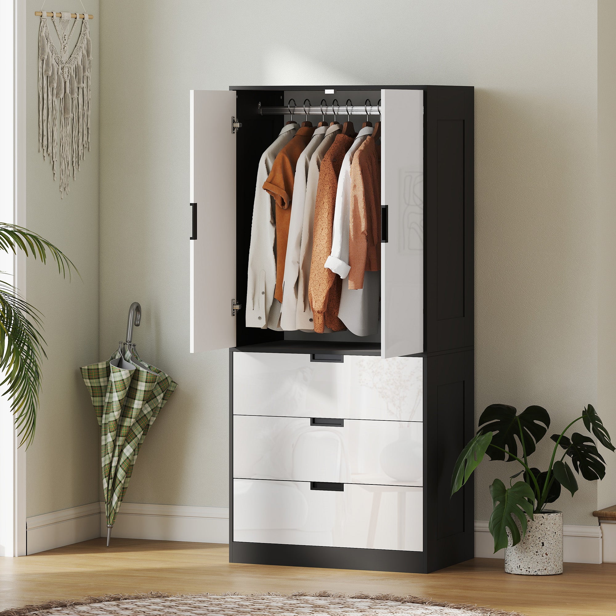 Two Door, Two Drawer Wardrobe - White/Brown