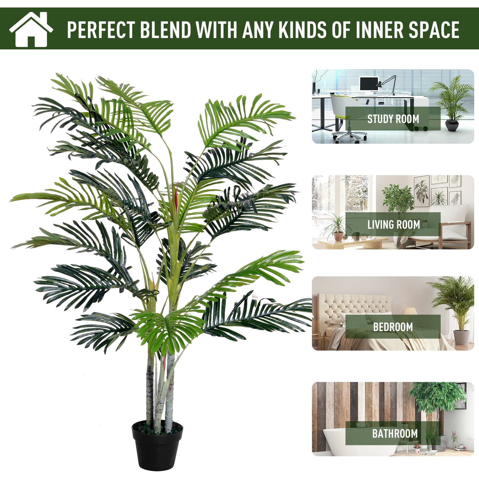 Outsunny 150cm(5ft)  Artificial Palm Tree Decorative Indoor Faux Green Plant w/Leaves Home Décor Tropical Potted Home Office