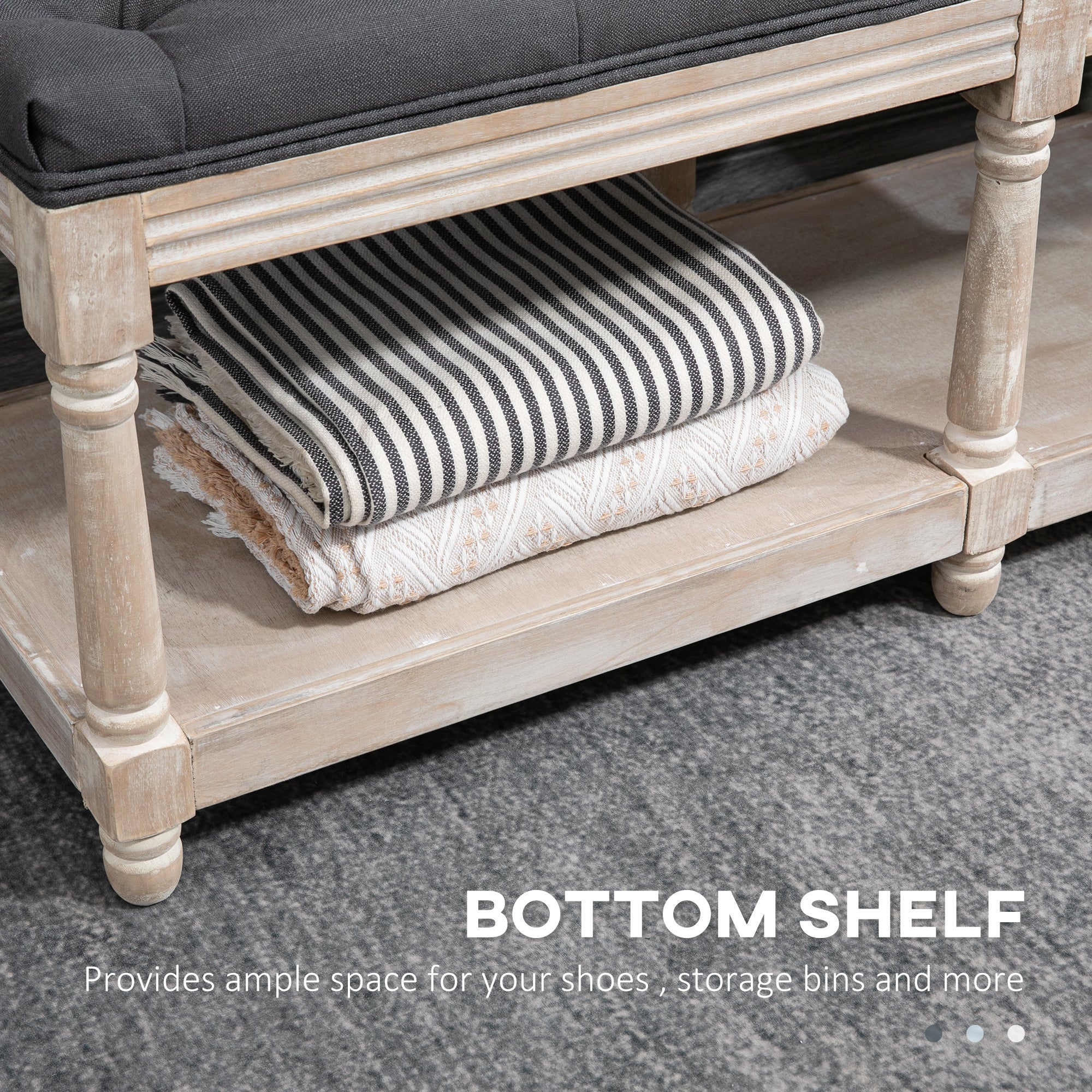 HOMCOM Hallway Haven: Vintage Shoe Bench with Tufted Cushion, 2-Tier Wooden Storage, Grey | Aosom UK