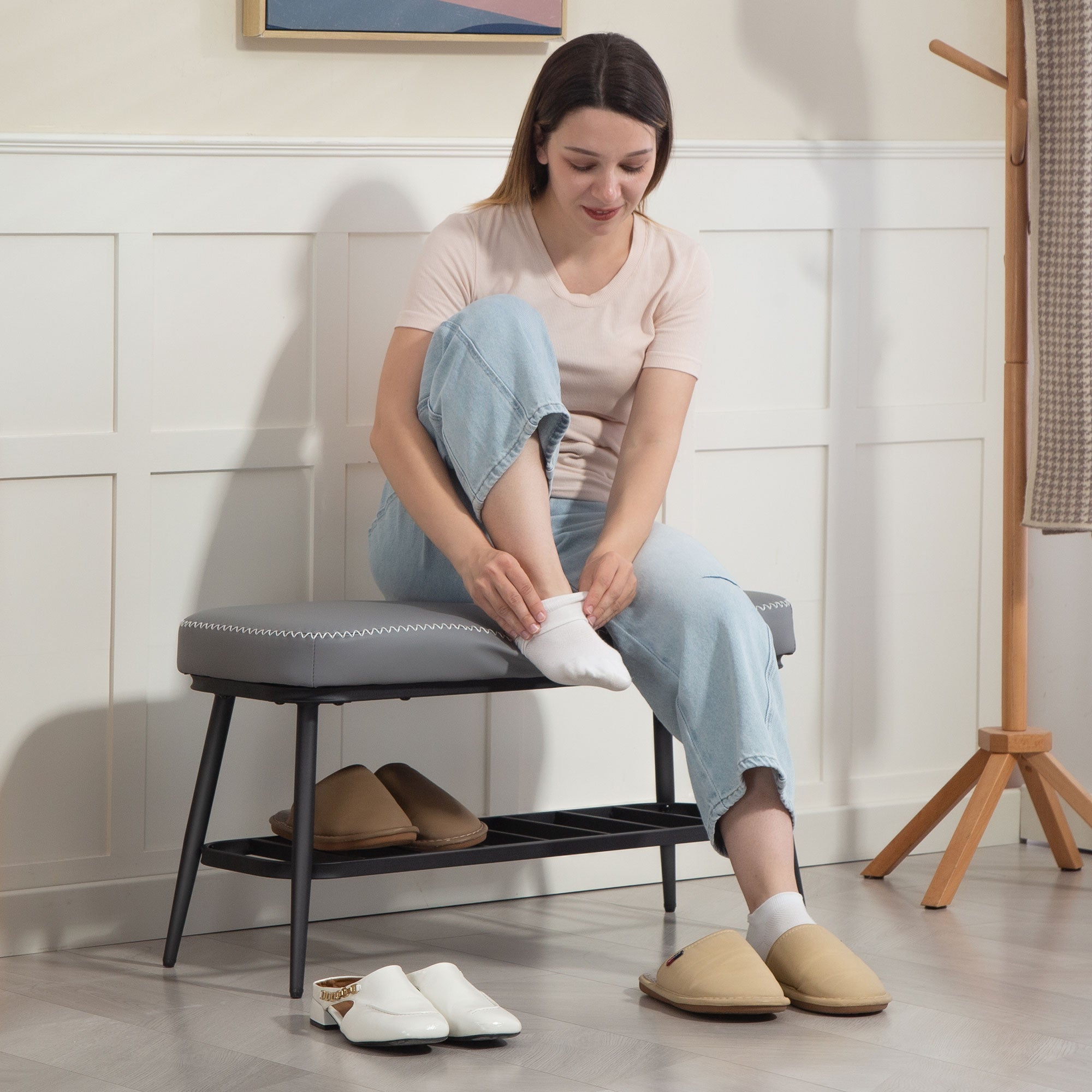 Kozy - PU Leather Shoe Storage Bench - Grey